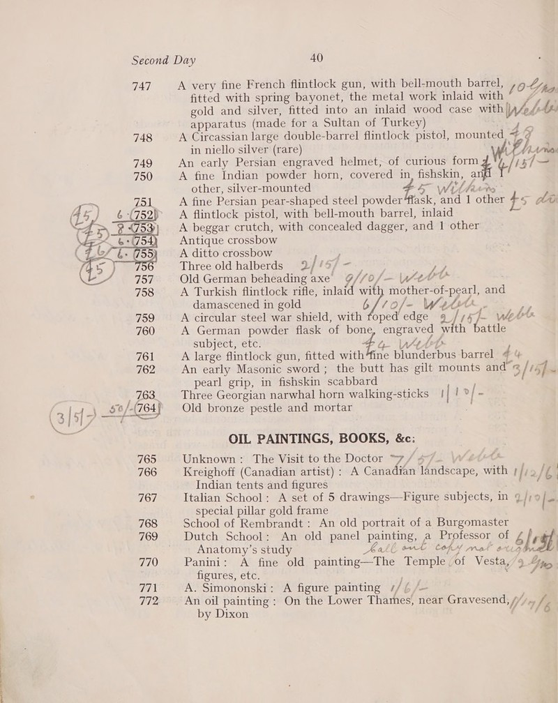  a ror A very fine French flintlock gun, with bell-mouth barrel, OF, hh fitted with spring bayonet, the metal work inlaid with fe gold and silver, fitted into an inlaid wood case with | Web ApS apparatus (made for a Sultan of Turkey) » A Circassian large double-barrel flintlock pistol, non in niello silver (rare) he wrnen An early Persian engraved helmet, of curious form nt) % 57 ~ A fine Indian powder horn, covered in see a other, silver-mounted — Wither A fine Persian pear-shaped steel powder ee and 1 other iE lA A flintlock pistol, with bell-mouth barrel, inlaid A beggar crutch, with concealed dagger, and 1 other Antique crossbow A ditto crossbow jae Three old halberds 2/49/ - Old German beheading axe 9//0/— |“ b A Turkish flintlock rifle, inlaid wit mother- of. real sia damascened in gold ull lOf~- We# ot Ras * A circular steel war shield, with oped. edge 9 /s57- V@C% A German powder flask of bone oe with battle subject, etc. $4 A large flintlock gun, fitted with ‘fine pnnder bud barrel 4 4 An early Masonic sword; the butt has gilt mounts and” 3/1 é 5] 4 pearl grip, in fishskin scabbard Three Georgian narwhal horn walking-sticks || ! ®/ - Old bronze pestle and mortar OIL PAINTINGS, BOOKS, &amp;c: Unknown: The Visit to the Doctor “7/ 4 Kreighoff (Canadian artist) : A Canadian idschne, with | tft, Indian tents and figures Italian School: A set of 5 drawings—Figure subjects, in 9 /;9 f. special pillar gold frame School of Rembrandt: An old portrait of a Burgomaster Dutch School: An old panel painting, a Professor of £ b/s eof Anatomy’s study Kill, ort tony mol otra by Panini: A fine old painting—The Teriple | of Vesta, 9 Yip, figures, etc. /* A. Simononski: A figure painting /// /— by Dixon
