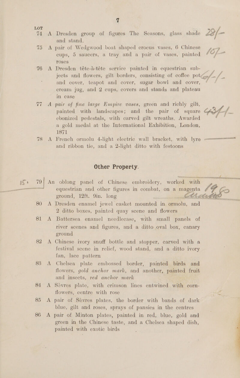76 C7 78 81 82 85 86 A A A = A q and stand. pair of Wedgwood boat shaped crocus vases, 6 Chinese — y geng cups, 5 saucers, a tray and a pair of vases, painted bet’ roses Dresden téte-a-téte service painted in equestrian sub- | jects and flowers, gilt borders, consisting of coffee pot@./... / and cover, teapot and cover, sugar bowl and cover, cream jug, and 2 cups, covers and stands and plateau in case pair of fine large Empire vases, green and richly gilt, n painted with landscapes; and the pair of square Ofer) ebonized pedestals, with carved gilt wreaths. Awarded a gold medal at the International Exhibition, London, 1871 and ribbon tie, and a 2-light ditto with festoons Other Property. Dresden enamel jewel casket mounted in ormolu, and 2 ditto boxes, painted quay scene and flowers Battersea enamel needlecase, with small panels of river scenes and figures, and a ditto oval box, canary eround Chinese ivory snuff bottle and stopper, carved with a festival scene in relief, wood stand, and a ditto ivory fan, lace pattern Chelsea plate embossed border, painted birds and flowers, gold anchor mark, and another, painted fruit and insects, red anchor mark Sevres plate, with crimson lines entwined with corn- flowers, centre with rose ae pair of Sevres plates, the border with bands of dark blue, gilt and roses, sprays of pansies in the centres pair of Minton plates, painted in red, blue, gold and green in the Chinese taste, and a Chelsea shaped dish, painted with exotic birds