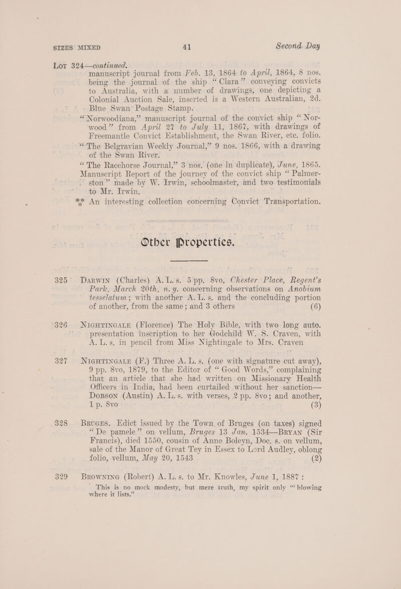 327 328 329 manuscript journal from {’eb. 13, 1864 to seek. 1864, 8 nos. being the journal of the ship “Clara” conveying convicts to Australia, with a number of drawings, one Gopiching, a Colonial Auction Sale, inserted is a Western els cate ad. Blue Swan’ Postage. Stamp. | “ Norwoodiana,” manuscript journal of the convict ship “ N or- wood” from April 27 to July 11, 1867, with drawings of Freemantle Convict Establishment, the Swan River, etc. folio. of the Swan River. | “The Racehorse Journal,” 3 nos. (One in duplicate), June, 1865. Manuscript Report of the journey of the convict ship “ Palmer- ston” made by W. Irwin, schoolmaster, and two testimonials to Mr. Irwin.   ~ Other Properties. Park, March 20th, n.y. concerning observations on Anobium tesselatum ; with another A. L.s. and the concluding portion of another, from the same; and 3 others (6) NIGHTINGALE (Florence) The Holy Bible, with two long auto. presentation inscription to her Godchild W..8. Craven, with A, di. 8. In pene from Mies ee to Mrs. Craven NIGHTINGALE (F.) Hives A. L.s. (one with signature cut away), 9 pp. 8vo, 1879, to the Editor of “ Good Words,” complaining that an article that she had written. on Missionary Health Officers in India, had been curtailed without her -sanction— DoBson (Austin) A. Lees. with verses, .2 pp. 8v0; and another, 1 p. 8vo (3) Bruces. Edict issued by the Town of Bruges (on taxes) signed “De pamele” on vellum, Bruges 13 Jan. 1534—Bryawn (Sir Francis), died 1550, cousin of Anne Boleyn, Doc. s. on vellum, sale of the Manor of Great Tey in Essex to Lord Audley, oblong folio, vellum, May 20, 1543 (2) BROWNING (Robert) A. L.s. to Mr. Knowles, June 1, 1887 : ' This is no mock modesty, but mere truth, my spirit only “‘ blowing where it lists.”