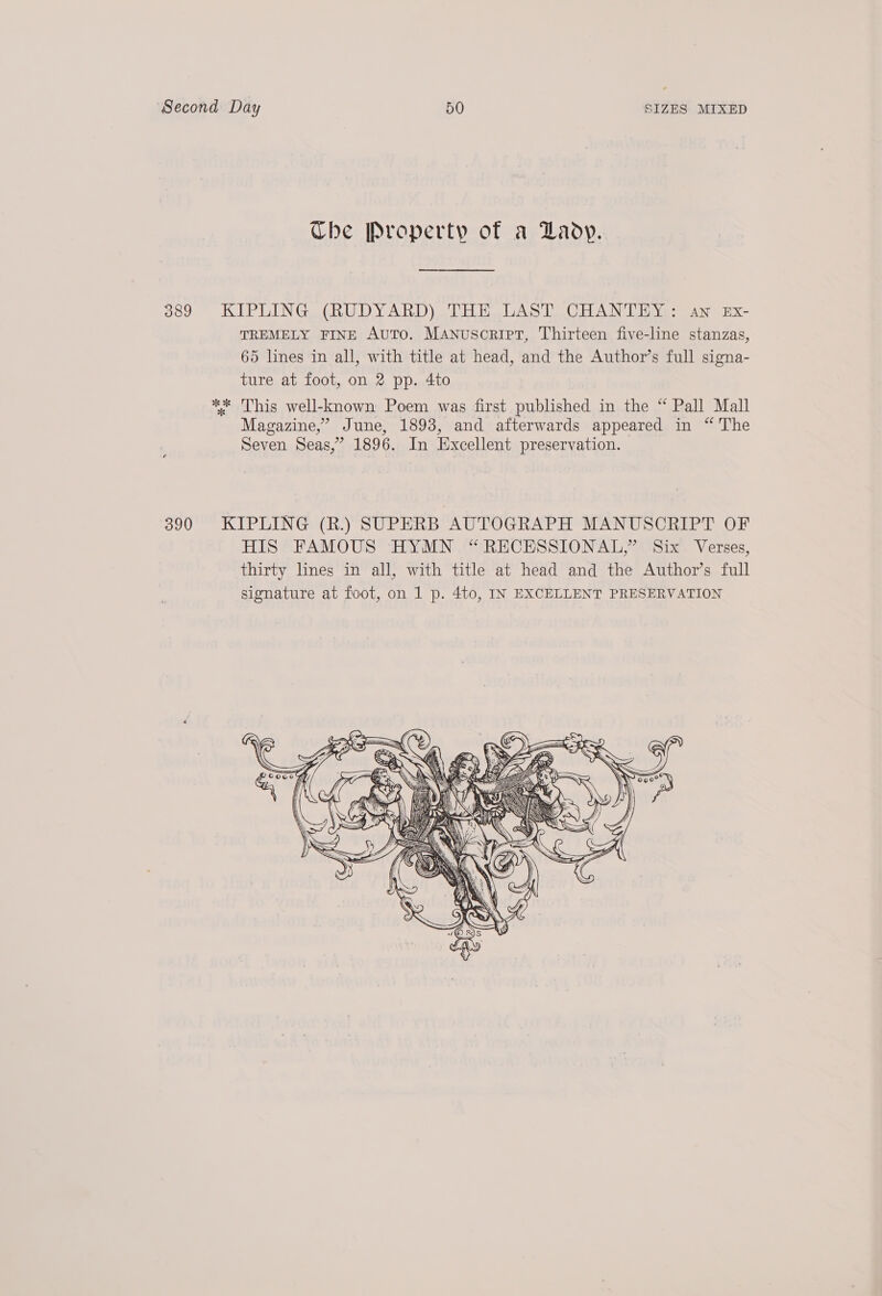 The Property of a Lady. 389 KIPLING. (RUDYARD) THE. LAST. COANTHY:: an Ex- TREMELY FINE AUTO. MANuscriIpT, Thirteen five-line stanzas, 65 lines in all, with title at head, and the Author’s full signa- ture at foot, on 2 pp. 4to ** 'This well-known Poem was first published in the “ Pall Mall Magazine,” June, 1893, and afterwards appeared in “ The Seven Seas,” 1896. In Excellent preservation. 390 KIPLING (R.) SUPERB AUTOGRAPH MANUSCRIPT OF HIS FAMOUS HYMN “RECESSIONAL,” Six Verses, thirty lines in all, with title at head and the Author’s full signature at foot, on 1 p. 4to, IN EXCELLENT PRESERVATION 