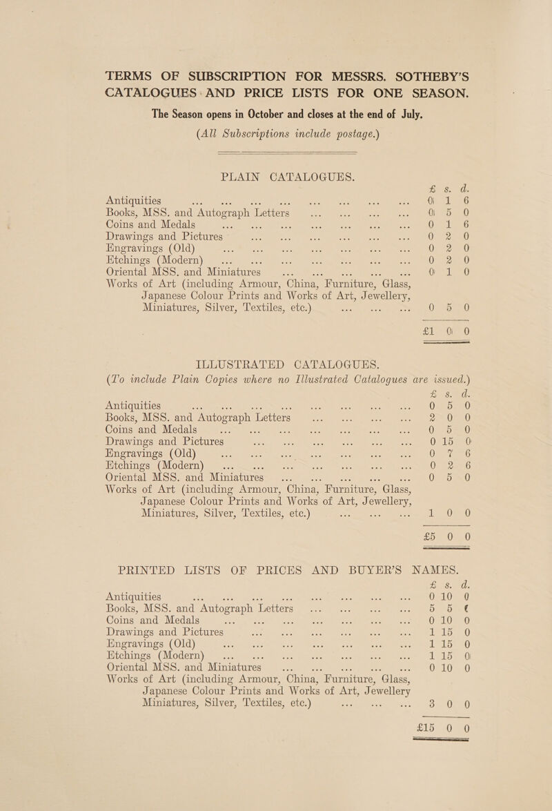 TERMS OF SUBSCRIPTION FOR MESSRS. SOTHEBY’S CATALOGUES: AND PRICE LISTS FOR ONE SEASON. The Season opens in October and closes at the end of July. (All Subscriptions include postage.)   PLAIN CATALOGUES. £ 3. d. Antiquities 1 ie Aaa Books, MSS. and Autograph L Letters Ho 5 0 Coins and Medals 0 1 6 Drawings and Pictures Sete 8 Hngravings (Old) eeu t Ktchings (Modern) 0 2 0 Oriental MSS. and Miniatures... ie Le Works of Art (including Armour, China, “Furniture, ‘Glass, Japanese Colour Prints and Works of ACE 2. ewellery, Miniatures, Silver, Textiles, etc.) 0 5 0 £1. 50076 ILLUSTRATED CATALOGUES. (To wnclude Plain Copies where no Illustrated Catalogues are issued.)  Eo Sete Antiquities _ Oman Books, MSS. and Autograph 1 Letters gee Jone ete ae ee Coins and Medals i ee ee Drawings and Pictures Oe laa Hngravings (Old) Ue ao Etchings (Modern) ... ee we Oriental MSS. and Miniatures 0 50 Works of Art (including Armour, China, Furniture, Glass, Japanese Colour Prints and Works of Art, J ewellery, Miniatures, Silver, Textiles, etc.) = ae! ne etme PRINTED LISTS OF PRICES AND BUYER'S NAMES. coeds he Antiquities Bs eC eS Pa eh a (TEL Be | Books, MSS. and Autograph I ‘Letters cs 3n0 top tape eas POUAE Coins and Medals a3 Pion ee ee eel ae Drawings and Pictures : POEL ess me Oe tee thi GA, Engravings (Old) eee, SRE) ees oe ery ete ESS BT Etchings (Modern) 115 0 Oriental MSS. and Miniatures 010 0 Works of Art (including Armour, China, “Furniture, Glass, Japanese Colour Prints and Works of Art, J ewellery Miniatures, Silver, Textiles, etc.) *s 3. en 21 Mie