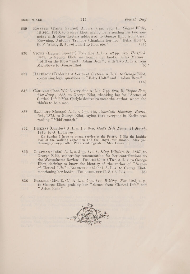 829 830 831 833 834 835 836 Rossertt (Dante Gabriel) A. L.s. 4 ‘pp. 8vo, 16, Cheyne Walk, 18 Feb., 1870, to George Eliot, saying he is sending her two son- nets; with other Letters addressed to George Eliot from Oscar Browning, Anthony Trollope (thanking her for “Felix Holt”), G. F. Watts, B. Jowett, Earl Lytton, ete. ' (21) Stowe (Harriet Beecher) Four fine A. L.s. 42 pp. 8vo, Hertford, 1869, to George Eliot, mentioning her books “ Silas Marner,” ‘Mill on the Floss” and “ Adam Bede”; with I'wo A. L. s. from Mr. Stowe to George Eliot i) Harrison (Frederic) A Series of Sixteen A. L. s., to George Eliot, concerning legal questions in “Felix Holt” and “ Adam Bede” (16) CARLYLE (Jane W.) A very fine A. L.s. 7 pp. 8vo, 5, Cheyne Row, 2ist Jany., 1858, to George Eliot, thanking her for “Scenes of Clerical Life,” Mrs. Carlyle desires to meet the author, whom she thinks to be a man BANoroFT (George) A. L. s. 2 pp. 4to, American Hmbassy, Berlin, Oct., 1873, to George Eliot, saying that everyone in Berlin was reading ‘ Middlemarch ” DIcKENS (Charles) A. L.s. 1 p. 8vo, Gad’s Hill Place, 21 March, 1870, to G. H. Lewes: On Sunday I hope to attend service at the Priory. I like the healthy look of the walking expedition and the longer rest abroad. May you thoroughly enjoy both. With kind regards to Mrs. Lewes... CHAPMAN (John) A. L. s. 3 pp. 8vo, 8, King William St., 1857, to George Eliot, concerning remuneration for her contributions to the Westminster Review—Frovupr (J. A.) Two A. L.s. to George Eliot, desiring to know the identity of the author of “Scenes of Clerical Life” —BLackwoop (John) A. L.s to George Eliot, mentioning her books-—ToURGUENEFF (I. S.) A. Is. (5) GASKELL (Mrs. E. C.) A.L.s. 5 pp. 8vo, Whitby, Nov. 10th, n. y., to George Eliot, praising her “Scenes from Clerical Life” and “Adam Bede” 