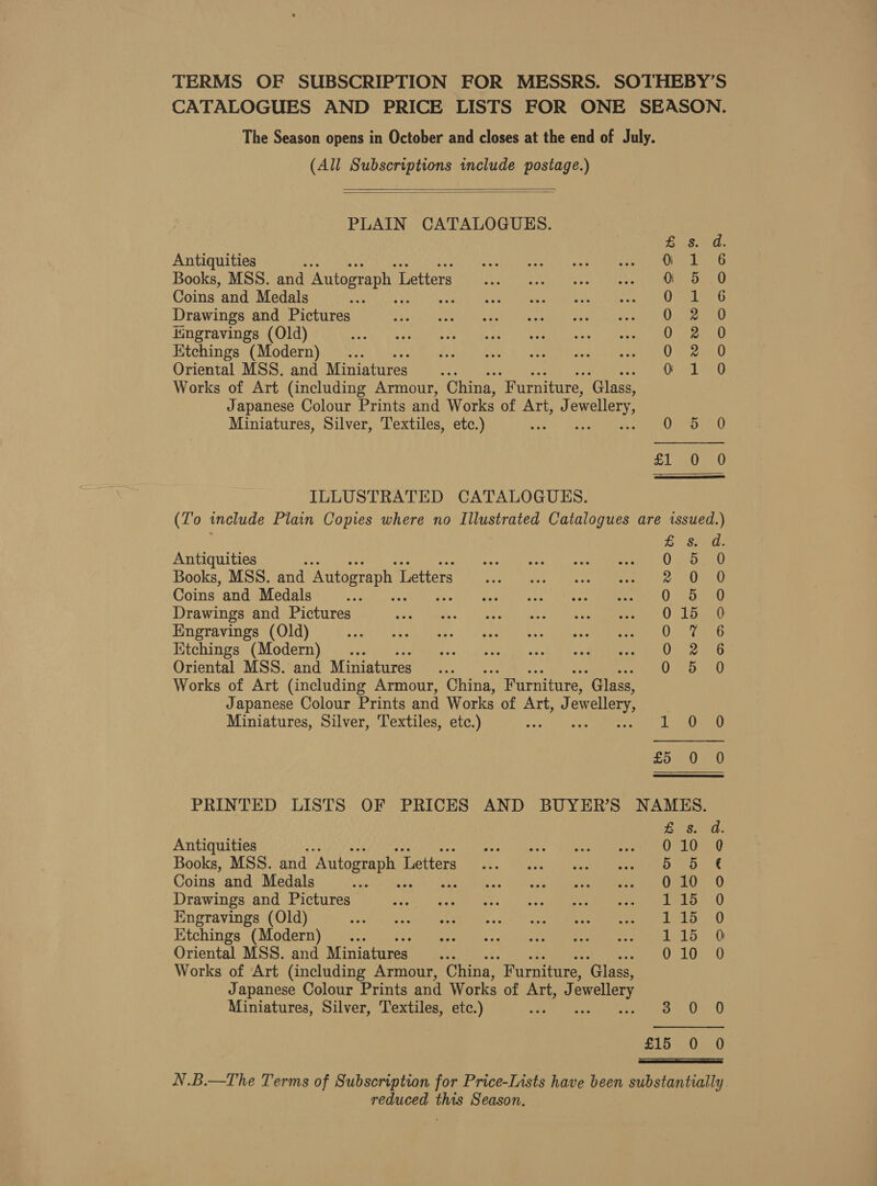 (All Subscriptions include postage.)   PLAIN CATALOGUES. Antiquities , Books, MSS. and Autograph L Letters Coins and Medals Drawings and Pictures Hingravings (Old) Ktchings (Modern) r. Oriental MSS. and Miniatures #3 Works of Art (including Armour, China, “Furniture, ‘Glass, Japanese Colour Prints and Works of Art, J ewellery Miniatures, Silver, Textiles, etc.) : ILLUSTRATED CATALOGUES. SS Oi Ge ps mawworar % Coocoaca® Antiquities Books, MSS. and Autograph 1 Letters Coins and Medals Drawings and Pictures Engravings (Old) Kitchings (Modern) .. Oriental MSS. and Miniatures ‘ Works of Art (including Armour, China, Furniture, Glass, Japanese Colour Prints and Works of Art, J ewellery Miniatures, Silver, Textiles, etc.) Antiquities Books, MSS. and Autograph I Letters Coins and Medals Drawings and Pictures Engravings (Old) Etchings (Modern)... Oriental MSS. and Miniatures e. Works of Art (including Armour, China, “Furniture, ‘Glass, Japanese Colour Prints and Works of Art, J ewellery Miniatures, Silver, Textiles, etc.) 5 elt StS. pom sWKVwnwgons i's: 0 10 ee 0 10 115 ihe 1 15 0 10 a 0 d. OAOnrnooecoeo: cocoooaco® 0 reduced this Season.