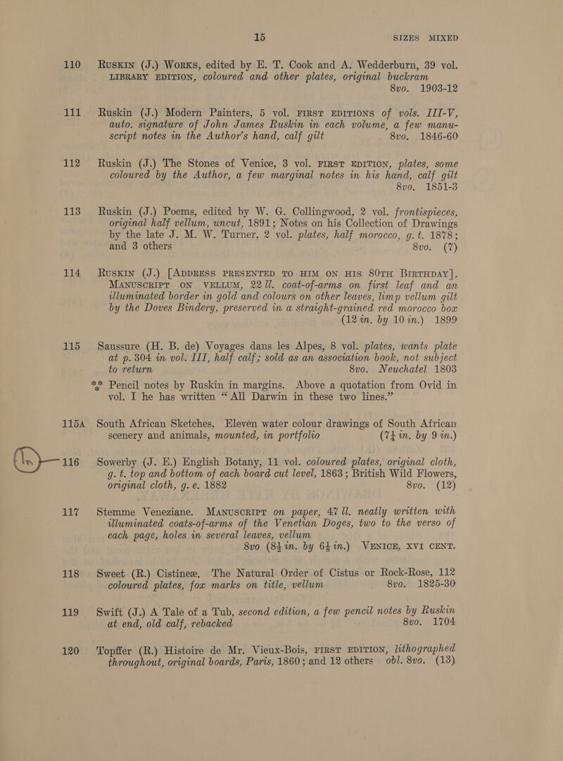 1B: 112 113 114 115 115A iglg: 118 119 120 15 SIZES MIXED LIBRARY EDITION, coloured and other plates, original buckram 8vo. 1903-12 Ruskin (J.) Modern Painters, 5 vol. First EDITIONS of vols. III-V, auto. signature of John James Ruskin in each volume, a few manu- script notes m the Author’s hand, calf gilt 8vo. 1846-60 Ruskin (J.) The Stones of Venice, 3 vol. FIRST EDITION, plates, some coloured by the Author, a few marginal notes in his hand, calf gilt 8vo. 1851-3 Ruskin (J.) Poems, edited by W. G. Collingwood, 2 vol. frontispieces, original half vellum, uncut, 1891; Notes on his Collection of Drawings by the late J. M. W. Turner, 2 vol. plates, half morocco, g.t. 1878; and 3 others 8vo. (7) Ruskin (J.) [ADDRESS PRESENTED TO HIM ON HIS 80TH BrrrHpay], MANUSCRIPT ON VELLUM, 22/1. coat-of-arms on first leaf and an uluminated border in gold and colours on other leaves, limp vellum gilt by the Doves Bindery, preserved in a straight-grained red morocco box (12m. by 10%in.) 1899 Saussure (H. B. de) Voyages dans les Alpes, 8 vol. plates, wants plate at p. 304 in vol. IIT, half calf; sold as an association book, not subject to return 8vo. Neuchatel 1803 ** Pencil notes by Ruskin in margins. Above a quotation from Ovid in vol. I he has written “‘ All Darwin in these two lines.” South African Sketches, Eleven water colour drawings of South African scenery and animals, mounted, in portfolio (74 in. by 9 mn.) Sowerby (J. HE.) English Botany, 11 vol. coloured plates, original cloth, g. t. top and bottom of each board cut level, 1863; British Wild Flowers, original cloth, g. €. 1882 8vo. (12) Stemme Veneziane. Manuscripr on paper, 47 Ul. neatly written with illuminated coats-of-arms of the Venetian Doges, two to the verso of each page, holes in. several leaves, vellum . 8vo (83%. by 641.) VENICE, XVI CENT. Sweet (R.) Cistinee. The Natural Order of Cistus or Rock-Rose, 112 coloured plates, fox marks on title, vellum _ 8vo. 1825-30 Swift (J.) A Tale of a Tub, second edition, a few pencil notes by Ruskin at end, old calf, rebacked 8vo. 1704 Topffer (R.) Histoire de Mr. Vieux-Bois, FIRST EDITION, lithographed throughout, original boards, Paris, 1860; and 12 others ob/. 8vo. (13)