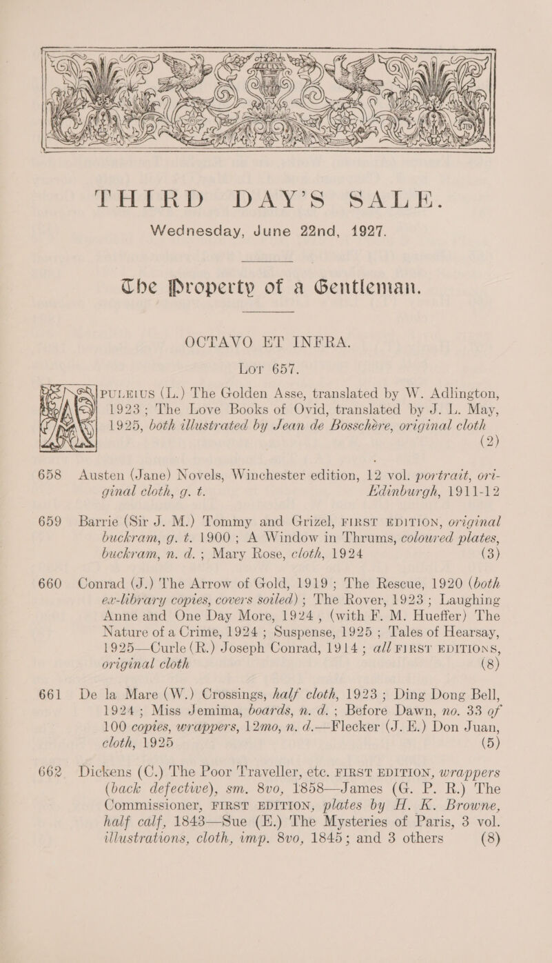 ~~ GAs Via Be per# Y S 2 # Z| aoe rg) Sa Fy My A ASSL ss Wn SS \ SO ee ey i) TY QI ZA 6) } ans of fa ie GUN PEERY PAYS SALE. Wednesday, June 22nd, 1927. The Property of a Gentleman. OCTAVO ET INFRA. Ler '657. PULELUS (L.) The Golden Asse, translated by W. Adlington, 1923; The Love Books of Ovid, translated by J. L. May, 1925, both illustrated by Jean de Bosschére, original cloth (2) 658 Austen (Jane) Novels, Winchester edition, 12 vol. portrait, ori- ginal cloth, g. t. Edinburgh, 1911-12 659 Barrie (Sir J. M.) Tommy and Grizel, FIRST EDITION, original buckram, g. t. 1900 ; A Window in Thrums, coloured plates, buckram, n. d.; Mary Rose, cloth, 1924 (3) 660 Conrad (J.) The Arrow of Gold, 1919; The Rescue, 1920 (both ex-library copies, covers soiled) ; The Rover, 1923 ; Laughing Anne and One Day More, 1924, (with F. M. Hueffer) The Nature of a Crime, 1924 ; Suspense, 1925 ; Tales of Hearsay, 1925—Curle (R.) Joseph Conrad, 1914; al/ FIRST EDITIONS, original cloth (8) 661 De la Mare (W.) Crossings, half cloth, 1923 ; Ding Dong Bell, 1924; Miss Jemima, boards, n. d.; Before Dawn, no. 33 of 100 copies, wrappers, 12mo, n. d.—F lecker (J. E.) Don Juan, cloth, 1925 (5) 662 Dickens (C.) The Poor Traveller, etc. FIRST EDITION, wrappers (back defectwe), sm. 8vo, 1858—James (G. P. R.) The Commissioner, FIRST EDITION, plates by H. K. Browne, half calf, 1843—Sue (H.) The Mysteries of Paris, 3 vol. illustrations, cloth, mp. 8vo, 1845; and 3 others (8)