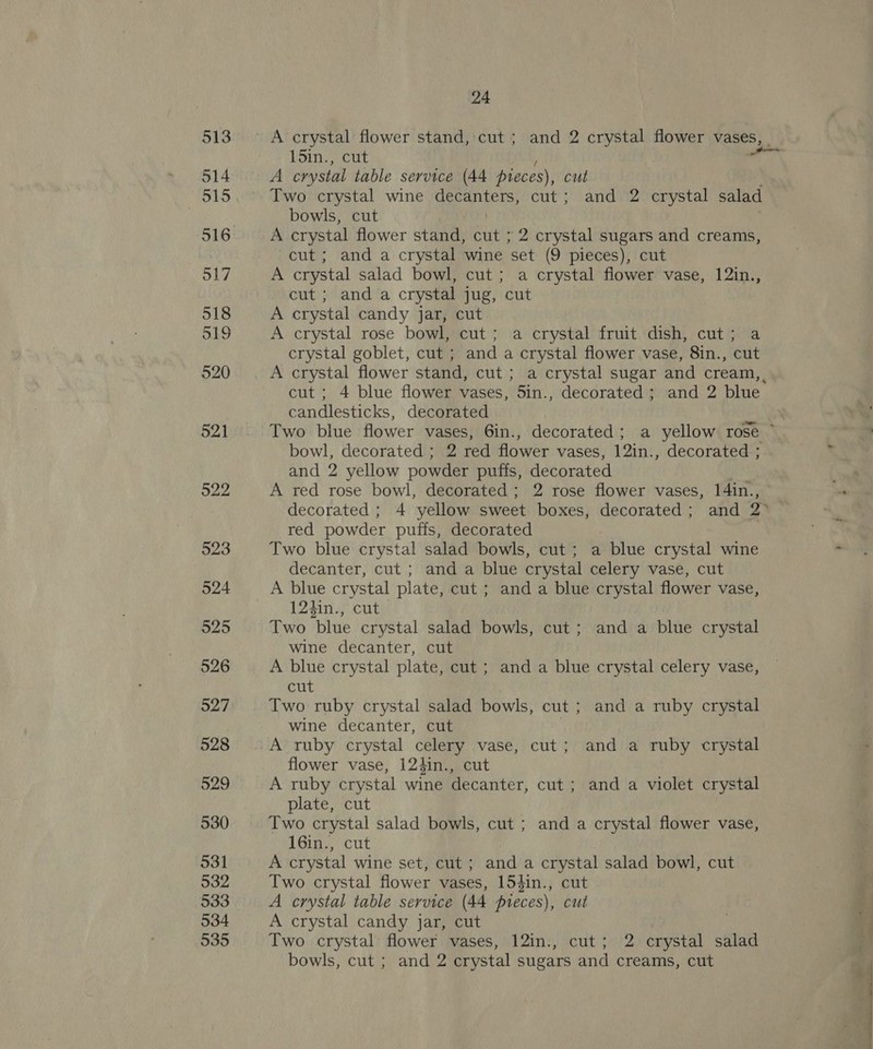 513 . 814 515 516 517 518 519 520 521 922 523 524 925 526 527 528 529 530 531 532 533 534 535 24 - 15in., cut A crystal table service (44 pieces), cut Two crystal wine decanters, cut; and 2 crystal salad bowls, cut A crystal flower stand, cut ; 2 crystal sugars and creams, cut ; and a crystal wine set (9 pieces), cut A crystal salad bowl, cut ; a crystal flower vase, 12in., cut ; and a crystal jug, cut A crystal candy jar, cut A crystal rose bowl, cut; a crystal fruit dish, cut; a crystal goblet, cut ; and a crystal flower vase, 8in., cut A crystal flower stand, cut ; a crystal sugar and cream, cut ; 4 blue flower vases, 5in., decorated; and 2 blue candlesticks, decorated | Two blue flower vases, 6in., decorated; a yellow rose ~ bowl, decorated ; 2 red flower vases, 12in., decorated ; and 2 yellow powder puffs, decorated A red rose bowl, decorated; 2 rose flower vases, 14in., decorated; 4 yellow sweet boxes, decorated ; and 2 red powder puffs, decorated , Two blue crystal salad bowls, cut; a blue crystal wine decanter, cut ; and a blue crystal celery vase, cut A blue crystal plate, cut ; and a blue crystal flower vase, 124in., cut Two blue crystal salad bowls, cut; and a blue crystal wine decanter, cut A blue crystal plate, cut ; and a blue crystal celery vase, cut Two ruby crystal salad bowls, cut ; and a ruby crystal wine decanter, cut A ruby crystal celery vase, cut; and a ruby crystal flower vase, 124in., cut A ruby crystal wine decanter, cut ; and a violet crystal plate, cut Two crystal salad bowls, cut ; and a crystal flower vase, 16in., cut | A crystal wine set, cut ; and a crystal salad bowl, cut Two crystal flower vases, 154in., cut A crystal table service (44 pieces), cut A crystal candy jar, cut Two crystal flower vases, 12in., cut; 2 crystal salad bowls, cut ; and 2 crystal sugars and creams, cut