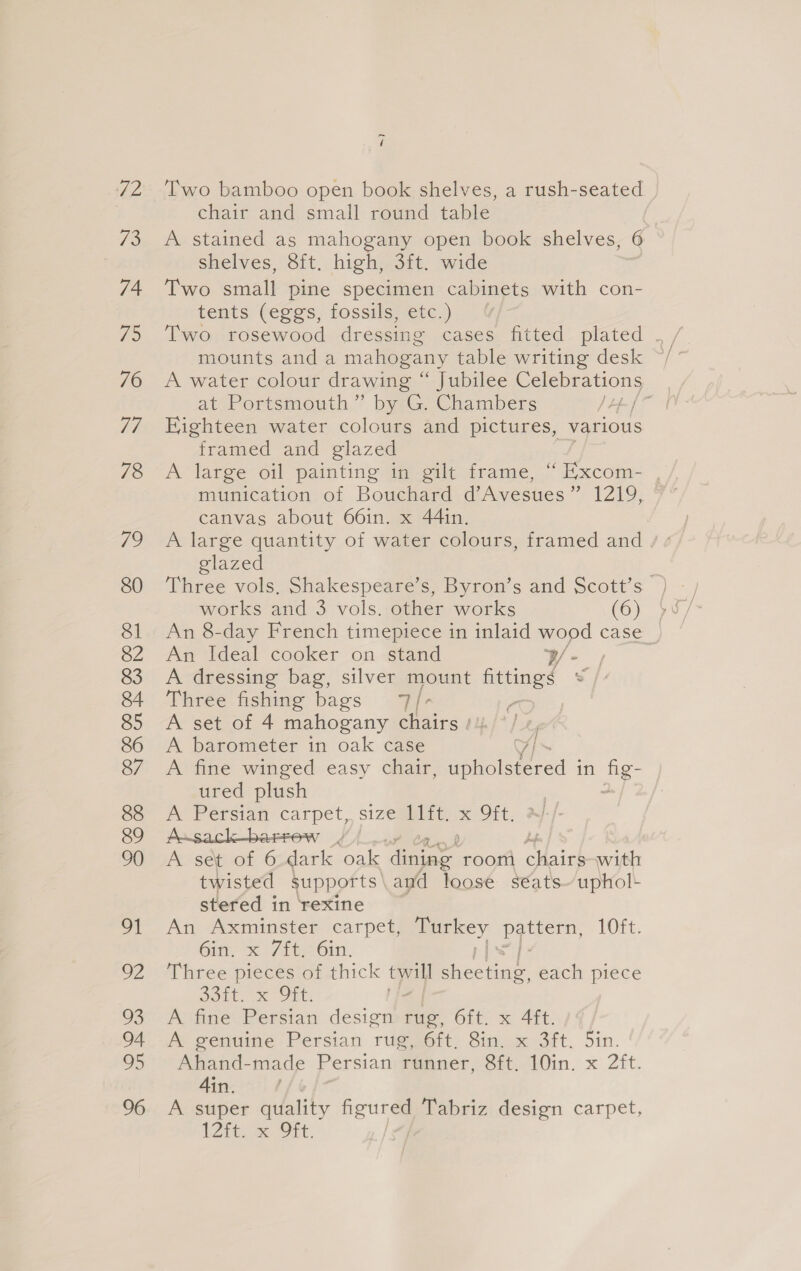 95 96 a Two bamboo open book shelves, a rush-seated chair and small round table A stained as mahogany open book shelves, 6 shelves, 8ft. high, 3it. wide Two small pine specimen cabinets with con- tents (eggs, fossils, etc.) mounts anda mahogany table writing desk A water colour drawing “ Jubilee Boao evens at Portsmouth” by © Chambers | Eighteen water colours and pictures, various framed and glazed A large oil painting in gilt frame, “ Excom- , munication of Bouchard d’Avesues” 1219, canvas about 66in. x 44in. A large quantity of water colours, framed and glazed | Three vols, Shakespeare’s, Byron’s and Scott’s works and 3 vols. other works (6) An 8-day French timepiece in inlaid wood case_ An Ideal cooker on stand y/ - A dressing bag, silver mount fittings % f Three fishing bags 7/- A set of 4 mahogany chairs ! A barometer in oak case v4 A fine winged easy chair, upholsrered in fg- ured plush Per ersiant ag? sizem@ility x OFt, A~sack_barrew twisted supports \ and loose séatsuphol- stered in ‘rexine An Axminster carpet, Turkey Ep ee 10ft. Gine x /ite- Gin. Three pieces of thick twill eemae , each piece Sot x ONL ! A fine Persian design rug, 6ft. x 4ft. A genuine Persian rug, 6ft, 8in. x 3ft. 5in. Ahand-made Persian runner, 8ft. 10in. x 2ft. Ain. A super quality figured Tabriz design carpet, Vite ex, Ot. |