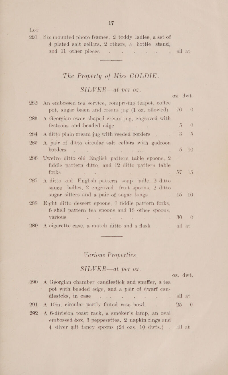 Lor 281 Six mounted photo frames, 2 toddy ladles, a set of | 4 plated salt cellars, 2 others, a bottle stand, and 11 other pieces. , ; ete . all at The Property of Miss GOLDIE. SILVER—at per oz. oz. dwt. 282 An embossed tea service, comprising teapot, coffee pot, sugar basin and cream jug (1 oz, ollowed) 76 0 283 <A Georgian ewer shaped cream jug, engraved with festoons and beaded edge eS ae Ae ne: ae. 284 A ditto plain cream jug with reeded borders. eA ar 285 <A pair of ditto cireular salt cellars with gadroon borders. ia algae ae Pe ee 286 Twelve ditto old English pattern table spoons, 2 fiddle pattern ditto, and 12 ditto pattern table forks ; aa é; yp Oe = 287 A ditto old English pattern soup ladle, 2 ditto sauce ladles, 2 engraved fruit spoons, 2 ditto sugar sifters and a pair of sugar tongs. cto 288 Eight ditto dessert spoons, 7 fiddle pattern forks, 6 shell pattern tea spoons and 13 other spoons, various at a Jae ae 289 A cigarette case, a match ditto and a flask. : all at Various Properties, SILV HR—at per oz. oz. dwt. 290 A Georgian chamber candlestick and snuffer, a tea pot with beaded edge, and a pair of dwarf can- dlestcks, in case... : ei, ; . ell at 291 A 10in. circular partly fluted rose bowl : ae 292 <A 6-division toast rack, a smoker’s lamp, an oval embossed box, 8 pepperettes, 2 napkin rings and 4 silver gilt fancy spoons (24 ozs. 10 dwts.) . all at