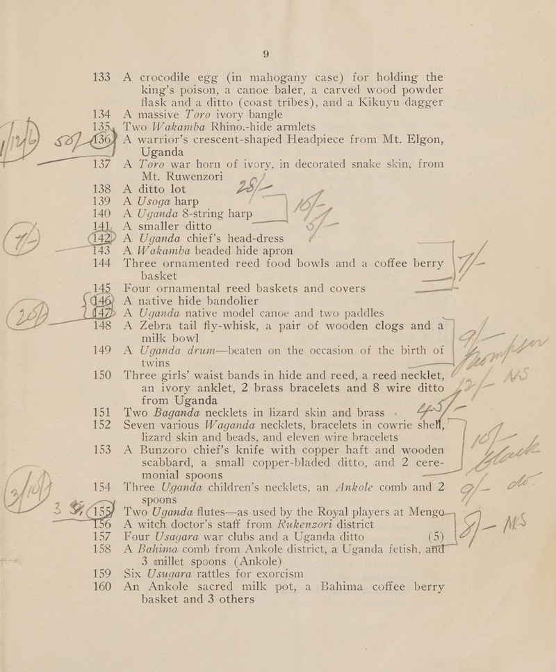 133 A crocodile egg (in mahogany case) for holding the king’s poison, a canoe baler, a carved wood powder flask and a ditto (coast tribes), and a Kikuyu dagger 134 A massive Toro ivory bangle ‘af BP 1354 Two Wakamba Rhino.-hide armlets NY&amp; se 30} A warrior’s crescent-shaped Headpiece from Mt. Elgon, Uganda —— 137. A Toro war horn of ivory, in decorated snake skin, from Mt. Ruwenzori . 77 138 A ditto lot Z$/-    139 A Usoga harp 1 | PAL 140 A Uganda 8-string harp tr fae pea A smaller ditto TT Open 142) A Uganda chief’s head-dress : —— 143 A Wakamba beaded hide apron a 144 ‘Three ornamented reed food bowls and a coffee berry Y/- - if basket Se Four ornamental reed baskets oui covers = ) A native hide bandolier » A Uganda native model canoe and two paddles A Zebra tail fly-whisk, a pair of wooden clogs and a aie milk bowl Nig la fe pany 149° A Uganda drum—beaten on the occasion of the birth of | Y% _,, i twins ic /' Med F 1 150 ‘Three girls’ waist bands in hide and reed, a reed necklet, oy ae an ivory anklet, 2 brass bracelets and 8 wire dite Sat from Uganda If- 151 Two Baganda necklets in lizard skin and brass - pars 152 Seven various Waganda necklets, bracelets in cowrie shell, lizard skin and beads, and eleven wire bracelets | 153 A Bunzoro chief’s knife with copper haft and wooden scabbard, a small copper-bladed ditto, and 2 cere- GE monial spoons ; ra oe Three Uganda children’s necklets, an Ankole comb ant 2 Os are spoons tf Two Uganda flutes—as used by the Royal players at Mengo— A witch doctor’s staff from Rukengori district Ly a MA» Four Usagara war clubs and a Uganda ditto (5 3  A Bahima comb from Ankole district, a Uganda fetish, and 3 mullet spoons (Ankole) 159...5ix, Usugare rattles tor exorcism 160 An Ankole sacred milk pet, .a;Bahima.icotiee: berry basket and 3 others