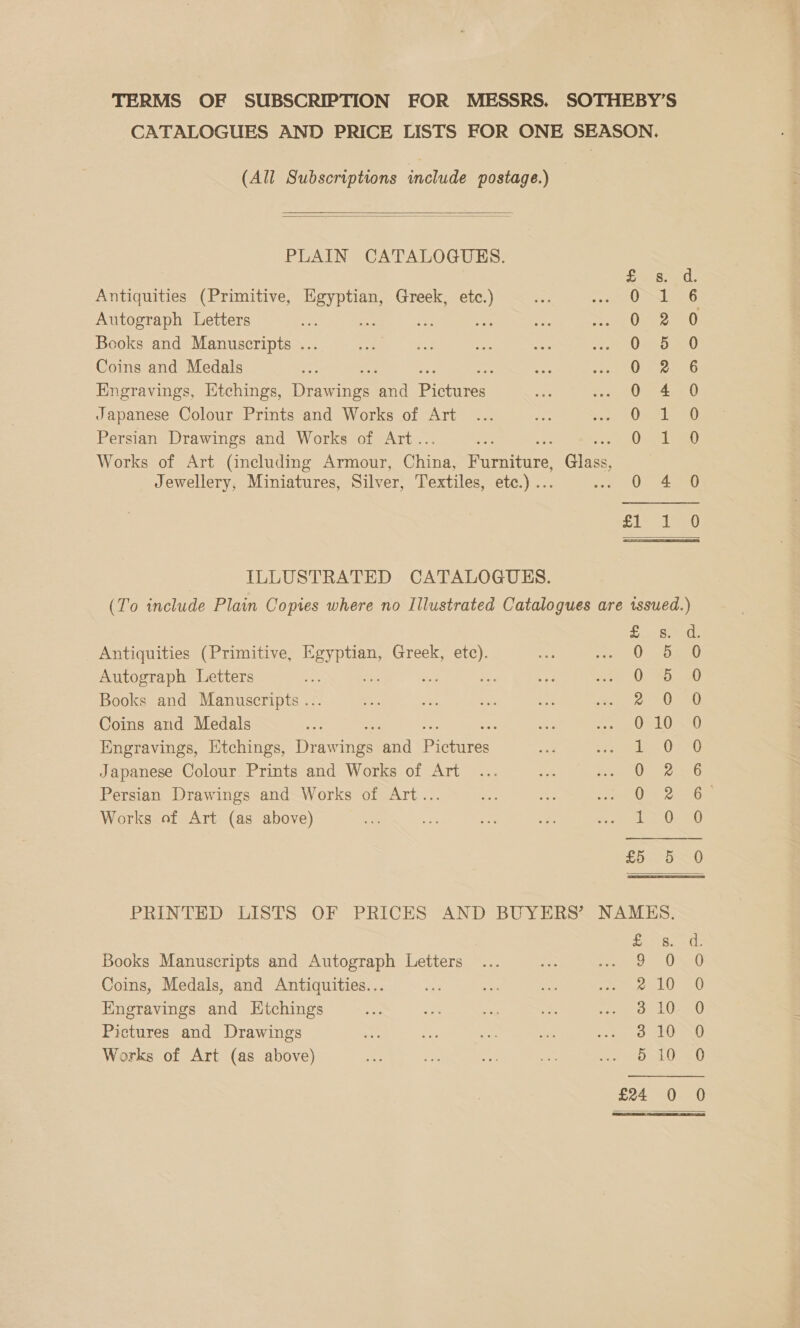 TERMS OF SUBSCRIPTION FOR MESSRS. SOTHEBY’S CATALOGUES AND PRICE LISTS FOR ONE SEASON. (All Subscriptions include postage.) |   PLAIN CATALOGUES. Antiquities (Primitive, Egyptian, Greek, etc.) Autograph Letters te - Books and Manuscripts .. Coins and Medals Engravings, Etchings, iin: oe isin Japanese Colour Prints and Works of Art Persian Drawings and Works of Art. Works of Art (including Armour, Clune eatre | Glass Jewellery, Miniatures, Silver, Textiles, etc.) .. .. O 4 0 cooooo om he et Pm wan aH DZDOoOOMC Co AF ILLUSTRATED CATALOGUES. (To include Plain Copies where no Illustrated Catalogues are issued.) Antiquities (Primitive, ee Greek, etc). Autograph Letters Books and Manuscripts ... Coins and Medals fer Engravings, Etchings, Drawings and Pierre: Japanese Colour. Prints and Works of Art Persian Drawings and Works of Art... Works of Art (as above) KHKoorownwnoodo® = TR owwooonns DanoooodoF t Or Cr © PRINTED LISTS OF PRICES AND BUYERS’ NAMES. py eee Books Manuscripts and Autograph Letters ... en eee UNE Coins, Medals, and Antiquities... vee — Td eel) eo Engravings and Etchings 5 anc y ae in ogee UI, Pictures and Drawings 5 Ae oa ve Sige we SONS Works of Art (as above) a te ree ae Mis (RUA ee £24 0 0 