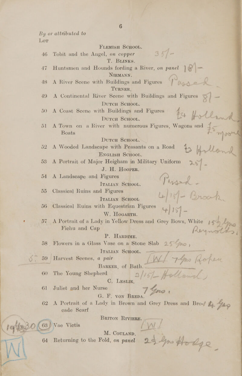 By or attributed to Lor FLEMISH SCHOOL. ; 46 Tobit and the Angel, on copper of / _ | T. Burks. , 47 Huntsmen and Hounds fording a River, on panel l@ j= NIEMANN. fr joc 48 A River Scene with Buildings and Figures (“f “fin a @ -X | TURNER, aed  49 <A Continental River Scene with Buildings and Figures » | ce DutcH SCHOOL. C 50 A Coast Scene with Buildings and Figures cS in Durcn Scuoon. Lt I “yl wl 51 A Town on a River with numerous Figures, Wagons and { = Boats » Oe ae DutcH SCHOOL. 52 A Wooded Landscape with Peasants on a Road t5 d } Le Q Ay A ois ENGLIsH SCHOOL. a 58 A Portrait of Major Heigham in Military eee 2% ron i J. H. Hoopsr. 54 A Landscape and Figures 42 ,) ITALIAN SCHOOL. 7 Maw - 55 Classical Ruins and Figures , Se ITALIAN SCHOOL Las ‘weet MAL 56 Classical Ruins with Equestrian Figures | 1] : W. Hocarru. ' 67 A Portrait of a Lady in Yellow Dress and Grey Bows, White ; $s 2) LL Fichu and Cap oy oP net “ { : P. Harpme. ? 58. Flowers in a Glass Vase on a Stone Slab 249 “xo , 3 Iranian Schoo. ——e———y————— nee > 59 | Harvest Scenes, a pair / LW~ fa A: 7S o fhe Race IBARWER,. Gi Moet a eee e 60 The Young Shepherd aly > ae XW. ss A C. Lesum, | sie 61 Juliet and her Nurse 7 Gyo G. F. von Brepa. ' 62 A Portrait of a Lady in Brown and Grey Dress and Bro-/ Zy bps cade Scart [BRITON RIviERE. —<——~» Ff re rd ) Vae Victis i Wis 1 CS, al M. CovuLanp. 