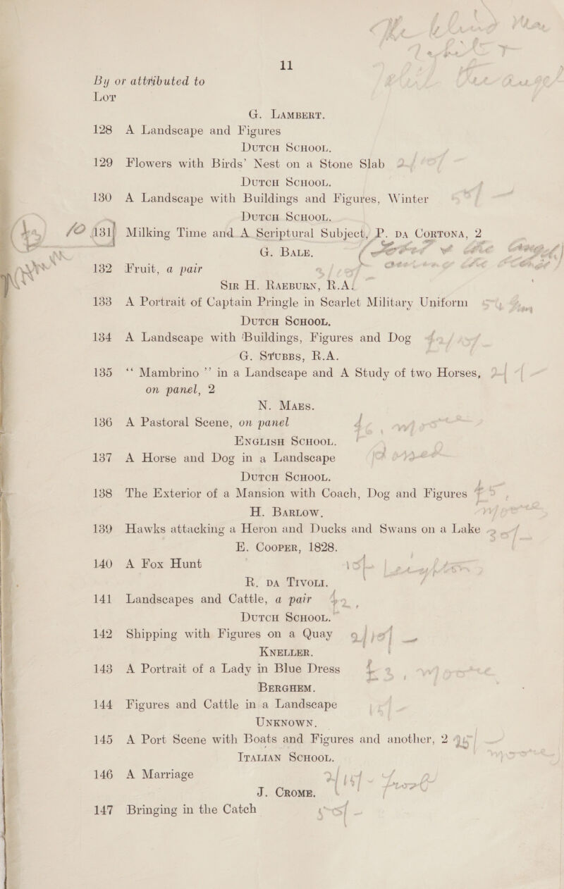   11 128 129 G. LAMBERT. A Landscape and Figures DutcH SCHOOL, Flowers with Birds’ Nest on a Stone Slab DurcH SCHOOL. A Landscape with Buildings and Figures, Winter DutcH SCHOOL. pas » % . BALE. (y A a ie Ceee ‘ Fruit, a pair Sir H. Rarpury, B.A! A Portrait of Captain Pringle in Scarlet Military Uniform DutcH ScHOOL. A Landscape with ‘Buildings, Figures and Dog G. Stupss, R.A. ‘“ Mambrino ’’ in a Landscape and A Study of two Horses, on panel, 2 N. Mags. A Pastoral Scene, on panel _ ENGLISH SCHOOL. . A Horse and Dog in a Landscape A I-32 DutcH ScHoo.. H. Bartow, 7. ‘ EK. Coopsr, 1828. A Fox Hunt : R, Da Trvors. Landscapes and Cattle, a pair 4. Dutcu ScHoot. Shipping with Figures on a Quay 9) }&amp; KNELLER. A Portrait of a Lady in Blue Dress BERGHEM. Figures and Cattle in a Landscape UNKNOWN. _ A Port Scene with Boats and Figures and another, 2}. ITALIAN SCHOOL. A Marriage ) J. CROME. Bringing in the Catch