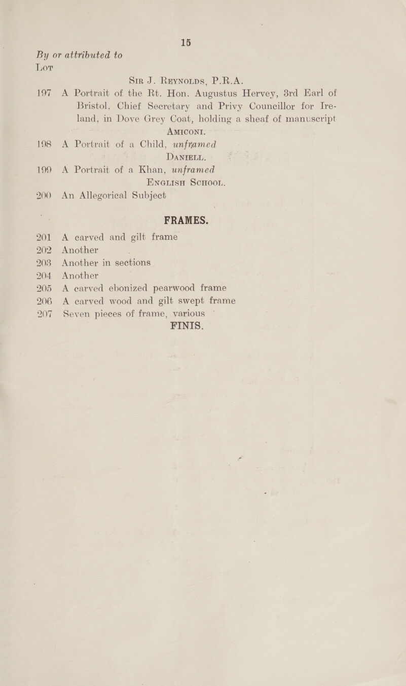By or attributed to Lot Sir J. Reynorps, P.R.A. 197 A Portrait of the Rt. Hon. Augustus Hervey, 8rd Earl of Bristol, Chief Secretary and Privy Councillor for Ire- ae in Dove Grey Coat, holding a sheaf of manuscript 2 ; AMICONT. ~ 198 <A Portrait of a Child, unframed DANIELL. 199 A Portratt of a Khan, unframed ENGLISH SCHOOL. 200 An Allegorical Subject FRAMES. 201 A carved and gilt frame 202 Another 203 Another in sections 204 Another 205 A carved ebonized pearwood frame 206 A carved wood and gilt swept frame 207 Seven pieces of frame, various FINIS.