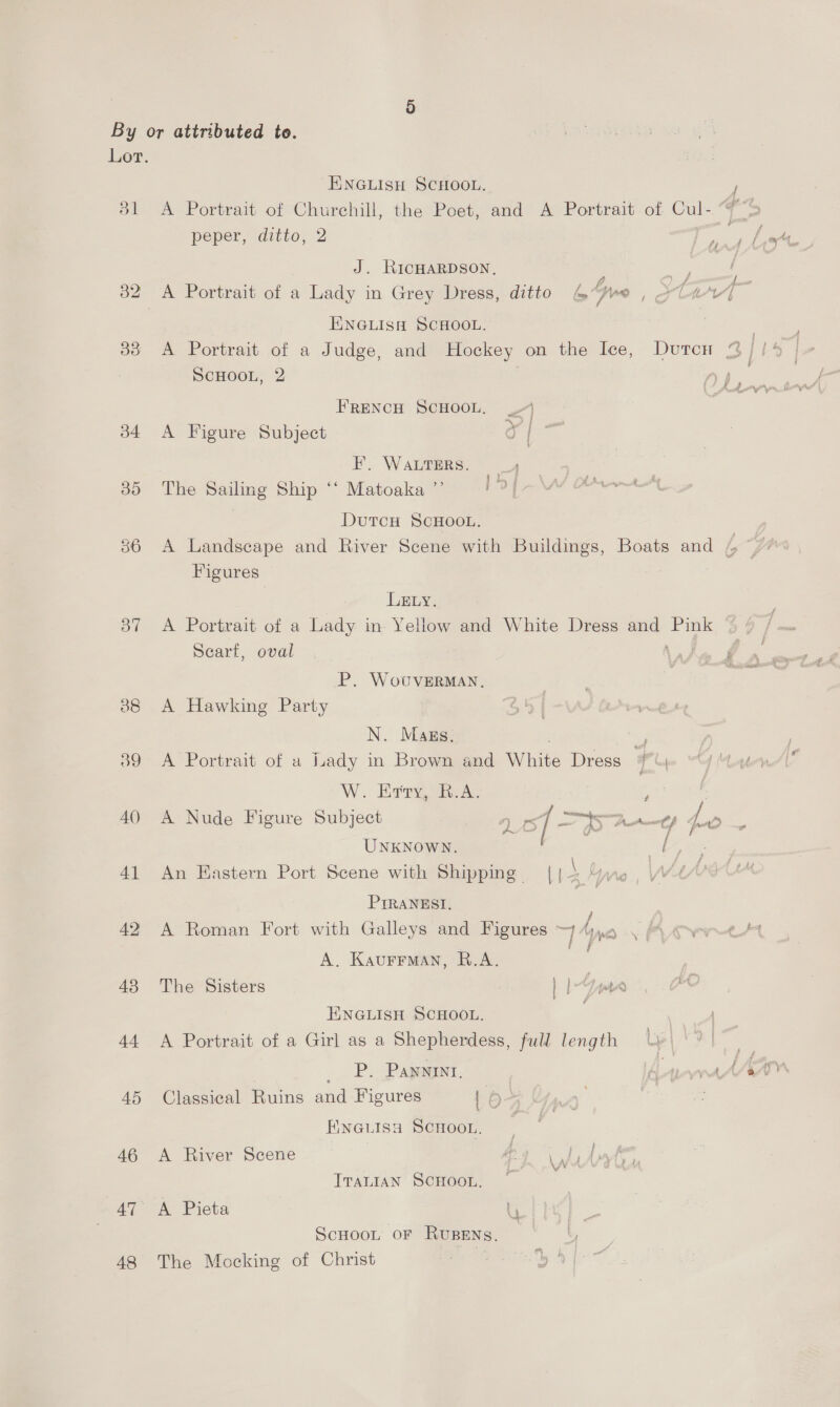 By or attributed to. Lor. ENGLISH SCHOOL. f 31 <A Portrait of Churchill, the Poet, and A Portrait of Cul- > peper, ditto, 2 ey J. RICHARDSON, ? 382 <A Portrait of a Lady in Grey Dress, ditto 6 Sno a oe ENGLISH SCHOOL. FRENCH SCHOOL. 4 34 A Figure Subject o | ¥. WaLTERS. _4 35 The Sailing Ship ‘‘ Matoaka ”’ ae DutcH SCHOOL. Figures LELy. 87 A Portrait of a Lady in Yellow and White Dress and Pink Searf, oval \ a J P. WovuveErMAN, 388 A Hawking Party N. Mags. 39 A Portrait of a Lady in Brown and White Dress 9*\ W.. Eeory sree : : 40 A Nude Figure Subject igs / pay to UNKNOWN. | Ls 41 An Kastern Port Scene with Shipping || i Ly, \A PrRaNESI. 42 A Roman Fort with Galleys and Figures a i wd -\ A. Kaurrman, R.A. ae 43 The Sisters Yon 5 i ENGLISH SCHOOL. : 44 <A Portrait of a Girl as a Shepherdess, full length . P. Pannint. | Aapws AAAs 45 Classical Ruins and Figures 16> Ene1isa ScCHoo.. 46 <A River Scene | \ ae ITALIAN SCHOOL, 47° A Pieta ny ScHoot oF RusBENs. 48 The Mocking of Christ |