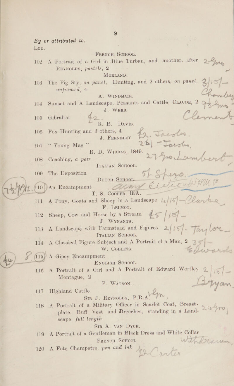 Lot. FRENCH SCHOOL, 102 A Portrait of a Girl in Blue Turban, and another, after 0) ey  REYNOLDS, pastels, 2 ee on | Mor.LaND. 103 The Pig Sty, on panel, Hunting, and 2 others, on panel, 2/) omy ‘ss : unframed, 4 ; Ap . A. WINDMAIR. So P\.gmvn Ate 104 Sunset and A Landscape, Peasants and Cattle, CLAUDE, 2 Cyt O 5 } § gett ae Ae J. WEBB. ae oS Ac. ale y fe f) qj 105 Gibraltar 72 (2-2/9 BR, 5B. 1 Davis. 106 Fox Hunting and 3 others, 4 4 tO, TAQ JU PERNELEY- #73 : 107 Ee Young Meg’ 2 b| ee ae “lis RK. D. Wippas, 4649. . » y 108 Coaching, a pair. me Liew Aner TTALIAN SCHOOL. ee 109 The Deposition | 57 < ae LO. pontiac | - Dutcn ScHooL. a A “Neon, 16 fue . “fA s A101 An Encampment ee. Mee Oana —— LA aE BG 4 ae Ce 5 en ee cecnsstig ” = : nail Le YY : T. S. Cé0pER, RA. | Z oe 111 A Pony, Goats and Sheep in a Landscape 2, /| Ek} —/7/ fee fo F. Lenmor. Pas ~ 112 Sheep, Cow and Horse by a Stream ¢ of | pes] ey J. Wynants. ewe Pimneca ye with Farmstead and Figures 2,/ } sf a: Fy Lent TraLIaAN SCHOOL. tage eal oe = W. Comins. fe {7 ‘a ( A j Vy 415) A Gipsy Encampment et Aap j sssstsiien AID pea Sociol : ——/- ENGLISH SCHOOL. 116 A Portrait of a Girl and A Portrait of Edward Wortley 2. | \t 4 Montague, 2 7 tae | P. Watson. cl sto Y Clevr 117 Highland Cattle | 2, é 7 Siz J. Revnoips, P.R.A. rn 118 A Portrait of a Military Officer in Scarlet Coat, Breast- mv plate, Buff Vest and Breeches, standing in a Land- ~* J scape, full length | Sir A. van Dyck. 119 A Portrait of a Gentleman in Black Dress and ue Collar _ poof FRENCH SCHOOL. . WE Mat 120 A Fete Champetre, pen and ink 1}. paws il er 
