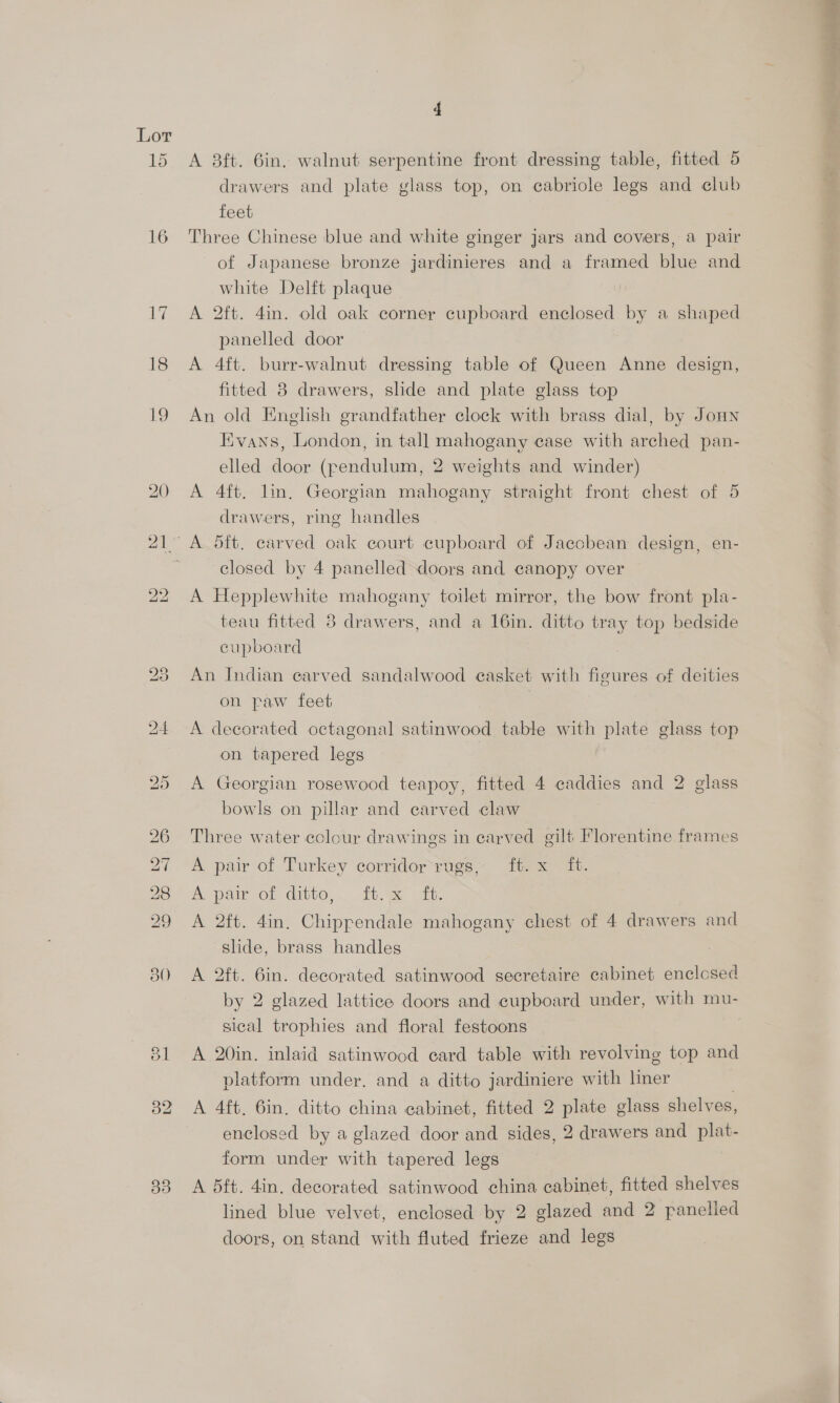 ROE PROT ETS) Cc GQ =): © 35 A 3ft. 6in. walnut serpentine front dressing table, fitted 5 drawers and plate glass top, on cabriole legs and club feet Three Chinese blue and white ginger jars and covers, a pair of Japanese bronze jardinieres and a framed blue and white Delft plaque A 2ft. 4in. old oak corner cupboard enclosed by a shaped panelled door A 4ft. burr-walnut dressing table of Queen Anne design, fitted 8 drawers, shde and plate glass top An old English grandfather clock with brass dial, by Jonn Evans, London, in tall mahogany case with arched pan- elled door (pendulum, 2 weights and winder) A 4ft. lin. Georgian mahogany straight front chest of 5 drawers, ring handles closed by 4 panelled doors and canopy over A Hepplewhite mahogany toilet mirror, the bow front pla- teau fitted 3 drawers, and a 16in. ditto tray top bedside cupboard An Indian earved sandalwood casket with figures of deities A decorated octagonal satinwood table with plate glass top on tapered legs | A Georgian rosewood teapoy, fitted 4 caddies and 2 glass bowls on pillar and carved claw Three water colour drawings in carved gilt Florentine frames A pair of Turkey corridor rugs, ft. x ft. A pair of ditto, ft tt. slide, brass handles A 2ft. 6in. decorated satinwood gecretaire cabinet enclosed by 2 glazed lattice doors and cupboard under, with mu- sical trophies and floral festoons A 20in. inlaid satinwood card table with revolving top and platform under. and a ditto jardiniere with liner , A 4ft. 6in. ditto china cabinet, fitted 2 plate glass shelves, enclosed by a glazed door and sides, 2 drawers and plat- form under with tapered legs A 5ft. 4in, decorated satinwood china cabinet, fitted shelves lined blue velvet, enclosed by 2 glazed and 2 panelled doors, on stand with fluted frieze and legs “ “ re | wai
