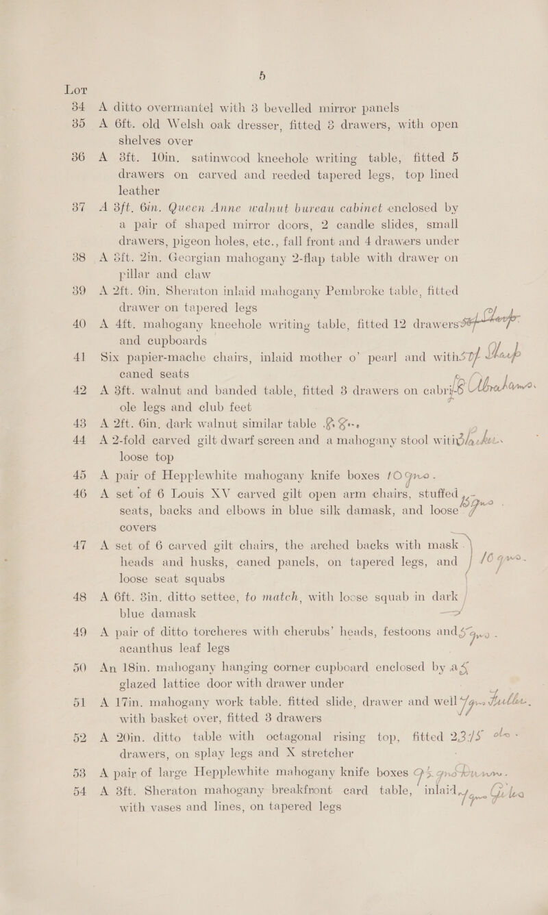 er 384 A ditto overmantel with 3 bevelled mirror panels 35 A 6ft. old Welsh oak dresser, fitted &amp; drawers, with open shelves over | 86 A sft. 10in. satinwood kneehole writing table, fitted 5 drawers on carved and reeded tapered legs, top lined leather 37 «=A Bft. Bin. Queen Anne walnut bureau cabinet enclosed by a palr of shaped mirror doors, 2 candle slides, small drawers, pigeon holes, ete., fall front and 4 drawers under 88 A sft. Zin. Georgian mahogany 2-flap table with drawer on pillar and claw 39 A 2ft. 9in. Sheraton inlaid mahogany Pembroke table, fitted drawer on tapered legs e, 40 A 4it. mahogany kneehole writing table, fitted 12 drawerss4f~ eof and cupboards Al Six papier-mache chairs, inlaid mother o’ pearl and withS pf VF uf caned seats 42 A 38ft. walnut and banded table, fitted 8 drawers on cabri8 (Msrok sees ole legs and club feet 43 A 2ft. 6in. dark walnut similar table 4 &amp;-. a 44 A2Q-fold carved gilt dwarf screen and a mahogany stool witid/ Bee. loose top 45 A pair of Hepplewhite mahogany knife boxes 1) Gnas 46 A set of 6 Louis XV carved gilt open arm chairs, stuffed , 157 seats, backs and elbows in blue silk damask, and loose ae oes covers e 47 <A set of 6 carved gilt chairs, the arched backs with mask . | | fs fh Ye heads and husks, caned panels, on tapered legs, and | {6 yoo. i / loose seat squabs 48 <A 6ft. 8in. ditto settee, to match, with loose squab in dark blue damask —>S 49 A pair of ditto torcheres with cherubs’ heads, festoons and { Sw ioe acanthus leaf legs 50 An 18in. mahogany hanging corner cupboard enclosed by ag glazed lattice door with drawer under 51 A 17in. mahogany work table. fitted slide, drawer and well 4 Full ber with basket over, fitted 8 drawers 52 A 20in. ditto table with octagonal rising top, fitted 2 it ole 5 drawers, on splay legs and X stretcher 538 A pair of large Hepplewhite mahogany knife boxes 4 gyno fen a ae 54 <A 8ft. Sheraton mahogany breakfront card table, Hinladey, GAS with vases and lines, on tapered legs : f