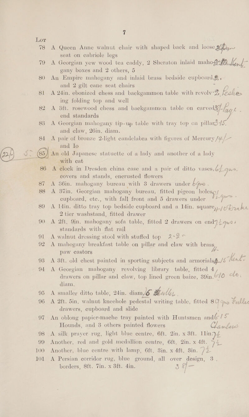 Lor ts) 80 8 89 90 gu 92 93 94 95 96 O7 A seat on cabriole legs gany boxes and 2 others, 5 and 2 gilt cane seat chairs oN A ing folding top and well end standards and claw, 26in. diam. a and lo with cat covers and stands, encrusted flowers A 2 tier washstand, fitted drawer re f i é / / cf standards with flat rail walnut dressing stool with stuffed top 2 paw castors ip. diam. aa 2ft. Sin. walnut knechole pedestal une: drawers, cupboard and slide table, fitted 8O¢ Hounds, and 3 others painted flowers w4 A. silk prayer rug, light blue centre, 6ft. 2in. x 8ft. llinyg Another, red and gold medallion centre, 6ft, 2in. x 4ft. > 4. borders, Sft. 7m. x 8ft. 4in. v Huklee gc