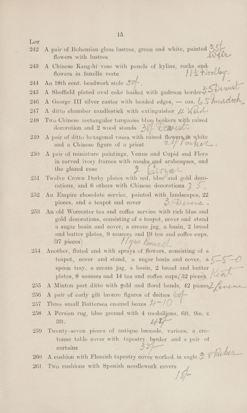 — IK A pair of Bohemian glass lustres, green and white, painted 2S NLU flowers with lustres AN a L A Chinese Kang-hi vase with panels of kylins, rocks and d j a ws [ in ” flowers in famille verte 114 Kevtihoy. 2 4; =» r ri id $ ong { § wt An 18th cent. beadwork stole 3V/-, : =f | 2-4 DAWA A Sheffield plated oval cake basket with gadroon border © te . 0 ; gue 2 Al aad A George III silver castor with beaded edges, — ozs. (9.9 Musee? A ditto chamber candlestick with extinguisher // .4 pr0.%+ Two Chinese rectangular turquoise blue; beakers ma raised | decoration and 2 wood stands 4). “(EAs A pair of ditto hexagonal vaseg with raised flowers im 2 white £3 A and a Chinese figure of a priest 41 | OUR O/C , A pair of miniature paintings, Venus and Cupid and Flora in carved ivory frames with masks and arabesques, and ‘aa Se the glazed case 9. toeme y : i &amp; r Twelve Crown Derby plates with re 2 blud a gold deco- rations, and 6 others with Chinese decorations ? 4 at , An Empire chocolate service, painted with landscapes, 22 pieces, and a teapot and cover Pe Vea ey An old Worcester tea and coffee service with rich blue and gold decorations, consisting of a teapot, cover and stand a sugar basin and cover, a cream jug, a basin, 2 bread and butter plates, 9 saucers and tea and ce cups, ‘37 pieces f/ yuo f Another, fluted and with sprays of flowers, consisting of a teapot, cover and stand, a sugar basin and cover, a4—4 spoon tray, a cream jug, a basin, 2 bread and butter , t—— plates, 8 saucers and 14 tea and coffee cups/ 82 pieces, / -—*™ A Minton part ditto with gold and floral bands, 42 pieces? fo .nen— A pair of early gilt bronze figures of deities (x¥/- i 3 Three small Battersea enamel boxes #7 ~ at A Persian rug, blue ground with 4 ee 6G) Oi. Btt. Ly as Twenty-seven pieces of antique brocade, varlous, a ere- tonne table cover with tapestry bgrder and a pair of RQ curtains Fo fo eee 5 : 5 ( >) ri 448 he A cushion with Flemish tapestry cover worked in eagle -% 5 Two cushions with Spanish needlework covers F O bow