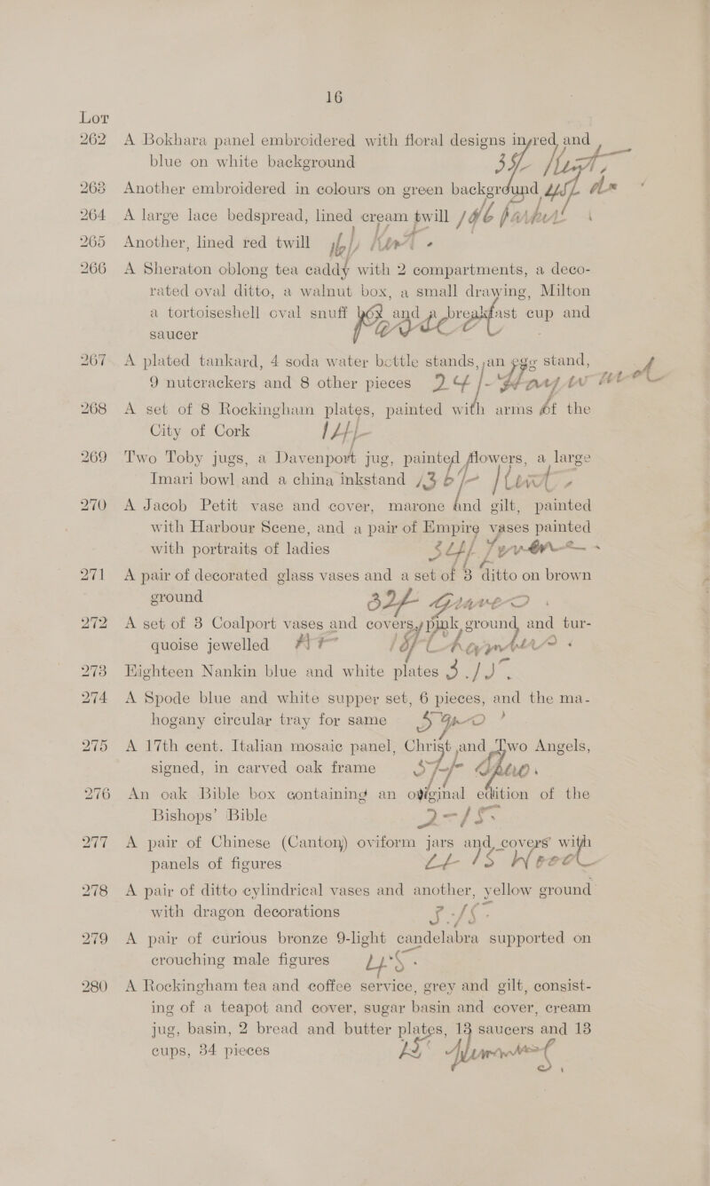 280 blue on white background Another, lined red twill Ie Kee ¢ ‘ Saucer City of Cork / Lf -- Imari bowl and a china inkstand A3 foe a large | Lew 4 with portraits of ies quoise jewelled #4) # 16 eroun and tur- ig hogany circular tray for same signed, in carved oak frame wv wo Angels,   Bishops’ ‘Bible -_ panels of figures 1S Weer with dragon decorations jug, basin, 2 bread and butter pl cups, 34 pieces av, 4 saucers and 13 Lieto a