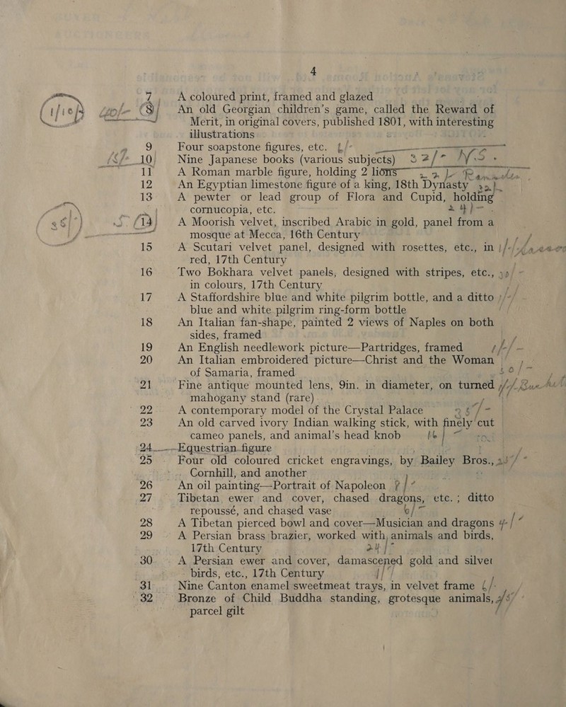 + A coloured print, framed and glazed / An old Georgian children’s game, called the on) &amp; of QONT  &lt;n Merit, in original covers, published 1801, with peg illustrations 9 Four soapstone figures, etc. {/’ Mi SS eae + 10, Nine Japanese books (various subjects) 5 4 2 / i NY. ae 1] A Roman marble figure, holding 2 liomS3 a &gt; fey, cles Ra 12 An Egyptian limestone figure of a king, 18th Dy asty Ra 13 A pewter or lead group of Flora and Cupid, lata cornucopia, etc. os 4) A Moorish velvet, inscribed Arabic in gold, ore, from a ri mosque at Mecca, 16th Century a, Le A-Scutari velvet panel, designed with rosettes, etc., in | /. | Ki rAree red, 17th Century 16 Two Bokhara velvet panels, designed with stripes, etc., yp in colours, 17th Century 17 A Staffordshire blue and white pilgrim bottle, and a ditto //-/ blue and white pilgrim ring-form bottle | 18 An Italian fan-shape, painted 2 views of Naples on both sides, framed Dy 19 An English needlework picture—Partridges, framed ef/ - 20 An Italian embroidered picture—Christ and the Woman e ; of Samaria, framed $o/ 2] Fine antique mounted lens, 9in. in diameter, on tured fi of Buns t mahogany stand (rare) , _22- A contemporary model of the Crystal Palace 96 fi AN 23 An old carved ivory Indian walking stick, with finely’ ‘out. | cameo panels, and animal’s head knob bb | CF irtitiny. -24__-—Equestrian_figure } 25. Four old coloured cricket engravings, by Baaley Bros., 20°/ * »-*.. Cornhill, and another | geod 26 An oil painting—Portrait of Napoleon ? }. 27 . Tibetan, ewer and cover, chased dragons ; ditto ~ repoussé, and chased vase 4b as 28 A Tibetan pierced bowl and cover—Musician and dragons ¥: / i 29 . A Persian brass brazier, worked with, animals and birds, 17th Century ay f* 30. . A Persian ewer and cover, Sema seys gold and silvet - birds, etc., 17th Century 3] Nine Canton enamel sweetmeat trays, in velvet frame (/- '32 Bronze of Child Buddha standing, grotesane animals, 4/ aye Be parcel gilt