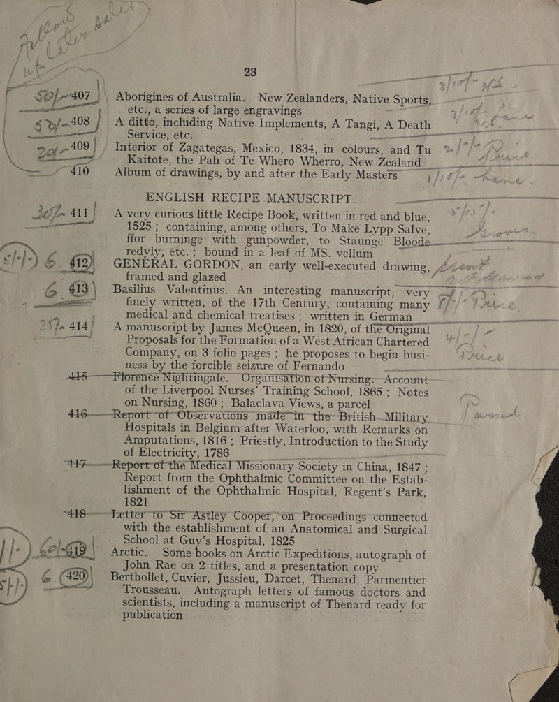 N\ gy’ i i } : fv i A if fc 23 prs i] at _ Aborigines of Australia. New Zealanders, Native Sports, ) | » €tc., a series of large engravings 4 G/=408 | A ditto, including Native Implements, A Tangi, A Death paca SO ooaaih Service, etc. ; wee \ ~ 409} , Interior of Zagategas, Mexico, 1834, in colours, and Tu ° wr \ Bes Kaitote, the Pah of Te Whero Wherro, New Zealand POS aS dnt Cie — _/* 410 Album of drawings, by and after the Early Masters Dh) i] 0 tie, ENGLISH RECIPE MANUSCRIPT. So aT ET TN A very curious little Recipe Book, written in red and blue, 1525 ; containing, among others, To Make Lypp Salve, Fe | ffor burninge with gunpowder, to Staunge 183 (00) 6 [ee eee redyly, etc.; bound in a leaf of MS. vellum i ) a GENERAL GORDON, an early well-executed drawing, 2Ceae? framed and glazed Leelee Basilius Valentinus. An interesting manuscript, very i Cy finely written, of the 17th Century, containing many //* medical and chemical treatises ; written in Ses) eines: Aiamatn ames oo Ae Os A manuscript by James McQueen, in 1820, of the Original | Proposals for the Formation of a West African Chartered Company, on 3 folio pages ; he proposes to begin busi- ness by the forcible seizure of Fernando ciao 4453——Forence Nightingale. Organisation of Nursing-Account of the Liverpool Nurses’ Training School, 1865: Notes on Nursing, 1860 ; Balaclava Views, a parcel 416-——Report of” Observations madé~in™ theBritish. Military Hospitals in Belgium after Waterloo, with Remarks on Amputations, 1816; Priestly, Introduction to the Study of Electricity, 1786 ny sensei 417———-Report-of thé Medical Missionary Society in China, 1847 : Report from the Ophthalmic Committee on the Estab- lishment of the Ophthalmic Hospital, Regent’s Park,  1821 “418-———Letter to Sir Astley Cooper, on Proceedings connected cae | with the establishment of an Anatomical and Surgical Nee School at Guy’s Hospital, 1825 / |  _6F1-419 | Arctic. Some books on Arctic Expeditions, autograph of Ms John Rae on 2 titles, and a presentation copy 4 » @.( 420)| Berthollet, Cuvier, Jussieu, Darcet, Thenard, Parmentier : | oe : Trousseau. Autograph letters of famous doctors and scientists, including a manuscript of Thenard ready for publication 7 
