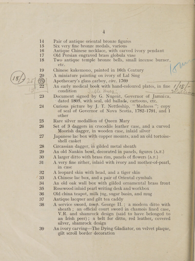 14 Pair of antique oriental bronze figures 15 Six very fine bronze medals, various | 16 Antique Chinese necklace, with carved ivory pendant 17 Old Persian engraved brass globula vase 18 Two: antique temple bronze bells, small incense burner, etc. ; ae Chinese. kakemono, painted in 16th Century |  A miniature painting on ivory of Lal Sing Apothecary’s glass carboy, circ. 1769 ie , An early medical book with hand- coloured Rites in ae if, 1S) ie J | mot condition J AAr ta’ ues 2 hi e | 23 Document signed by Ge Nugent, Governor oe Jamaica, ~ dated 1805, with seal, old ballads, cartoons, etc. 24 Curious picture by? J.T. Nettléship, “ Madness’; copy of seal of Governor of Nova Scotia, 1782-1791, and 1  other 25 Rare silver medallion of Queen Mary 26 Set of 3 daggers in crocodile leather case, and a curved Moorish dagger, in wooden case, inlaid silver 27 Japanese lac box with copper mounts, and an old tortoise- shell casket 28° Circassian dagger, in gilded metal sheath 29 An old Nankin bowl, decorated in panels, figures (A.F.) 30 A larger ditto with brass rim, panels of flowers (A.F.) _ 31. A very fine zither, inlaid with oy and mother-of-pearl, in case 32 A leopard skin with head, and a tiger skin 33 A Chinese lac box, and a pair of Oriental cymbals 34 An old oak wall box with gilded ornamental brass front 35 Rosewood inlaid pearl writing desk and workbox 36 Old china teapot, milk jug, sugar basin, and mug > od Antique lacquer and gilt tea caddy | 38 A service sword, temp. George II. ; a modern ditto with sheath ; an official court sword in chamois lined case, V.R. and shamrock design (said to have belonged to an Irish peer); a belt for ditto, red leather, covered silver, shamrock design 39 An ivory carving—The Dying Gladiator, on velvet plaque, gilt scroll border decoration