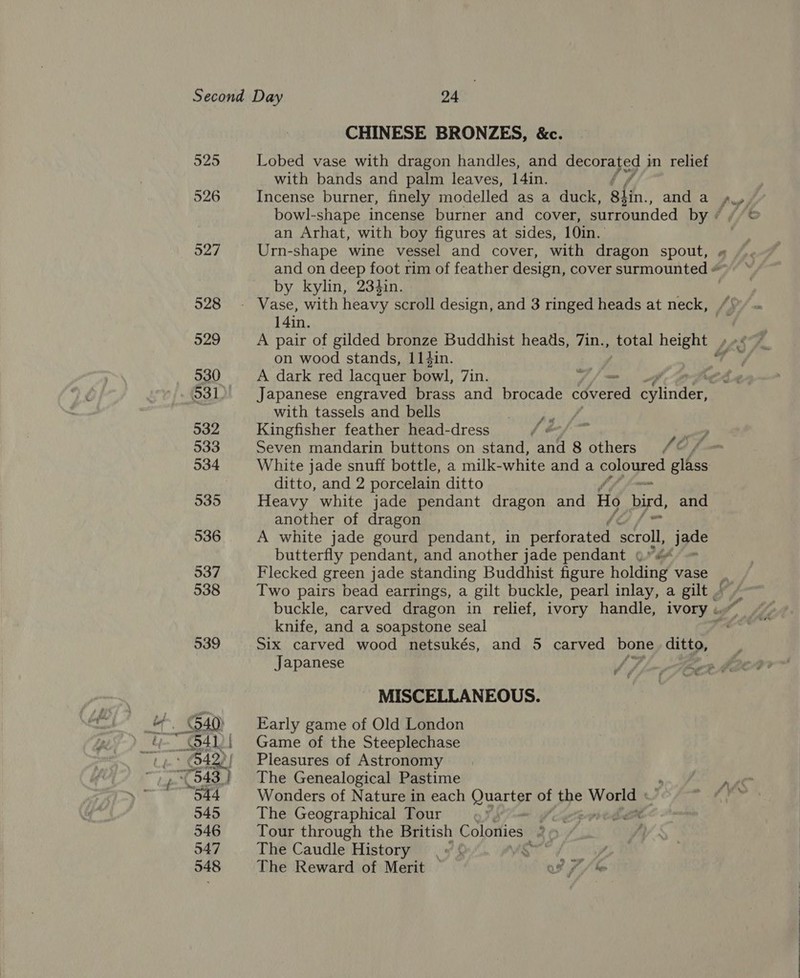525 526 527 528 529 530 531) 532 533 534 935 536 537 538 5939 CHINESE BRONZES, &amp;c. Lobed vase with dragon handles, and Say, in relief with bands and palm leaves, 14in. f Incense burner, finely modelled as a duck, gi in., and a an Arhat, with boy figures at sides, 10in. Urn-shape wine vessel and cover, with dragon spout, x by kylin, 234in. 14in. on wood stands, 114in. A dark red lacquer bowl, 7in. with tassels and bells Kingfisher feather head-dress x Seven mandarin buttons on stand, pe 8 others ditto, and 2 porcelain ditto Heavy white jade pendant dragon and Ho bird, and another of dragon A white jade gourd pendant, in maree ata sero, jpee butterfly pendant, and another jade pendant ¢ Flecked green jade standing Buddhist figure holding vase ar, knife, and a soapstone seal Six carved wood netsukés, and 5 carved bone. ditto, MISCELLANEOUS. Early game of Old London Game of the Steeplechase Pleasures of Astronomy The Genealogical Pastime Wonders of Nature in each Quarter of the World | The Geographical Tour Sem Tour through the British Colonies The Caudle History . « { ae / The Reward of Merit | ot 7 / le
