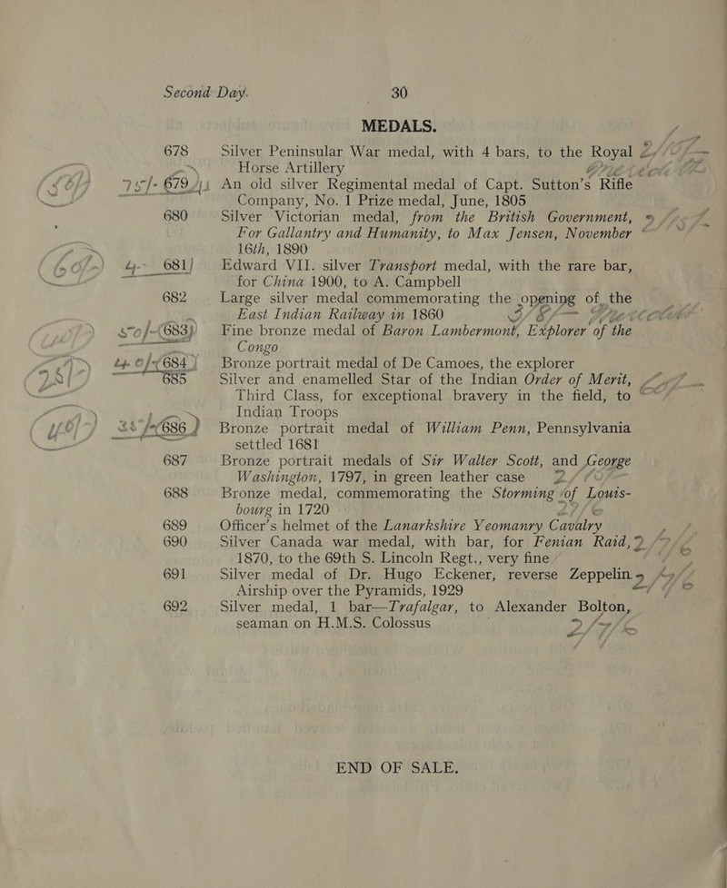 “2 ¢ tos SN 85 687 688 MEDALS. Silver Peninsular War medal, with 4 bars, to the Be Horse Artillery An old silver Regimental medal of Capt. Senne S “Rifle Company, No. 1 Prize medal, June, 1805 Silver Victorian medal, from the British Government, 16th, 1890 Edward VII. silver Transport medal, with the rare bar, for China 1900, to A. Campbell Large silver medal commemorating the pes of, ithe East Indian Railway in 1860 wy) Fine bronze medal of Baron Lambermont, Explorer ‘of the Congo Bronze portrait medal of De Camoes, the explorer Silver and enamelled Star of the Indian Order of Menit, Third Class, for exceptional bravery in the field, to Indian Troops Bronze portrait medal of Wdulliam Penn, Pennsylvania settled 1681 Bronze portrait medals of Sir Walter Scott, and Jz cogpe Washington, 1797, in green leather case Y/ Bronze medal, commemorating the Storming sof Louis- bourg in 1720 Officer’s helmet of the Lanarkshire Yeomanry Gashiry 1870, to the 69th S. Lincoln Regt., very fine Airship over the Pyramids, 1929 Silver medal, 1 bar—Trafalgar, to Alexander Bolton, seaman on er M.S. Colossus ¥) ym a! f/ END OF SALE.