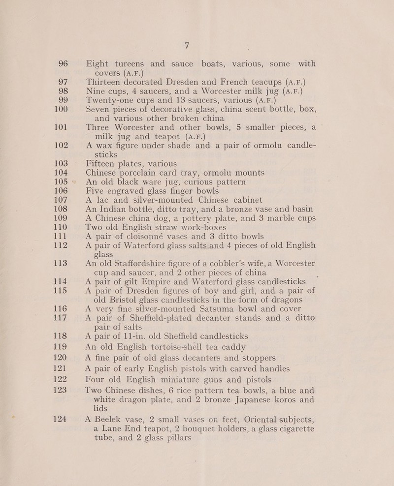96 97 98 99 100 101 102 103 104 106 107 108 109 110 Lit 112 113 114 115 116 117 118 £79 120 121 122 123 124 7 Fight tureens and sauce boats, various, some with covers (A.F.) Thirteen decorated Dresden and French teacups (A.F.) Nine cups, 4 saucers, and a Worcester milk jug (A.F.) Twenty-one cups and 13 saucers, various (A.F.) Seven pieces of decorative glass, china scent bottle, box, and various other broken china Three Worcester and other bowls, 5 smaller pieces, a milk jug and teapot (A.F.) A wax figure under shade and a pair of ormolu candle- sticks Fifteen plates, various Chinese porcelain card tray, ormolu mounts An old black ware jug, curious pattern Five engraved glass finger bowls A lac and silver-mounted Chinese cabinet An Indian bottle, ditto tray, and a bronze vase and basin A Chinese china dog, a pottery plate, and 3 marble cups Two old English straw work-boxes A pair of cloisonné vases and 3 ditto bowls A pair of Waterford glass salts and 4 pieces of old English glass An old Staffordshire figure of a cobbler’s wife, a Worcester cup and saucer, and 2 other pieces of china A pair of gilt Empire and Waterford glass candlesticks A pair of Dresden figures of boy and girl, and a pair of old Bristol glass candlesticks in the form of dragons A very fine silver-mounted Satsuma bowl and cover A pair of Sheffield-plated decanter stands and a ditto pair of salts A pair of 11-in. old Sheffield candlesticks An old English tortoise-shell tea caddy A fine pair of old glass decanters and stoppers A pair of early English pistols with carved handles Four old English miniature guns and pistols Two Chinese dishes, 6 rice pattern tea bowls, a blue and white dragon plate, and 2 bronze Japanese koros and lids A Beelek vase, 2 small vases on feet, Oriental subjects, a Lane End teapot, 2 bouquet holders, a glass cigarette tube, and 2 glass pillars