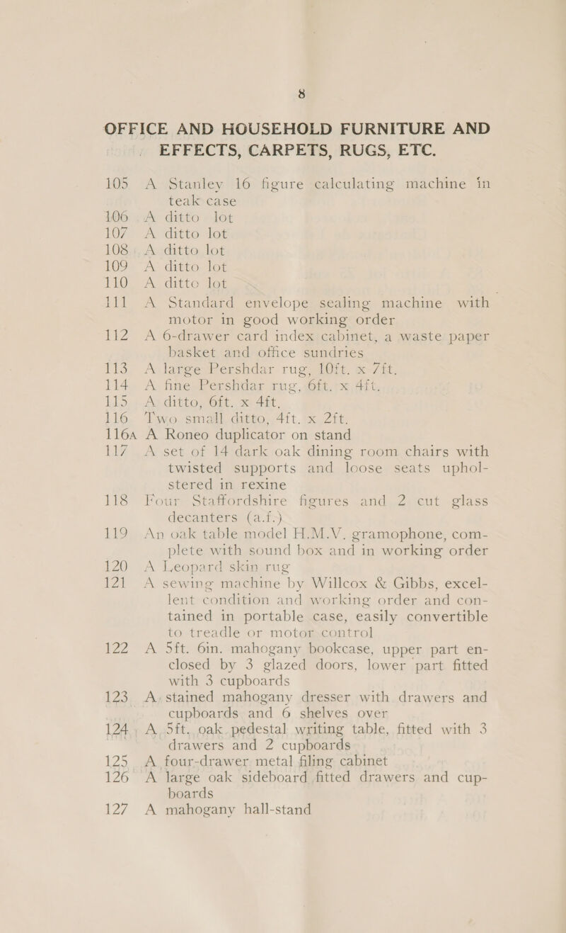 124 125 126. i27 EFFECTS, CARPETS, RUGS, ETC. A Stanley 16 figure calculating machine in teak case ™&amp; ditto » lot A. ditto: lot Ay ditoutoe A ditto lot A Standard envelope sealing machine with motor in good working order A 6-drawer card indexicabinet, a waste: paper basket and office sundries A laree Pershdar rug gtut. dee. A fine, Pershbtlar ruc, Oise Ait Ay ditto, Git. x Ant, ‘Tyo. Sian, cigto. 4ft. ix Zt: A Roneo duplicator on stand A set of 14 dark oak dining room chairs with twisted supports and loose seats uphol- stered in rexine Four Stafiordshire feures and,2 cut glass decanters (a.f.) An oak table model H.M.V. gramophone, com- plete with sound box and in working order A Leopard skin rug A sewing machine by Willcox &amp; Gibbs, excel- lent condition and working order and con- tained in portable case, easily convertible to treadle or motor control A Sft. 6in. mahogany bookcase, upper part en- closed by 3 glazed doors, lower part fitted with 3 cupboards _A, stained mahogany dresser with drawers and cupboards and 6 shelves over A 5ft. oak pedestal writing table, fitted with 3 drawers and 2 cupboards A four-drawer metal filing cabinet A large oak sideboard fitted drawers and cup- boards A mahogany hall-stand