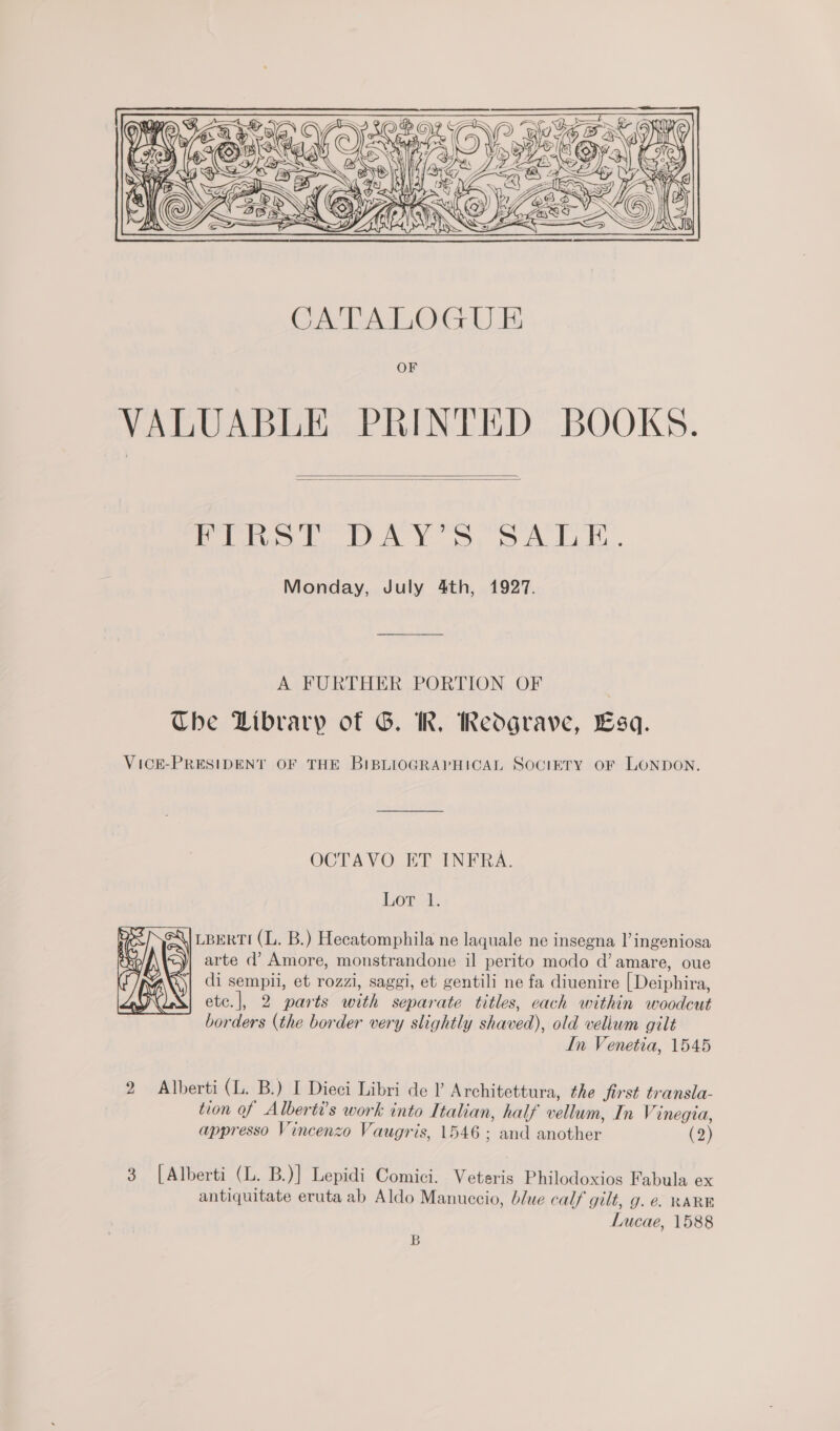    Pest lea toy ok da Monday, July 4th, 1927. A FURTHER PORTION. OF / Che Library of G. IR, Redgrave, Esq. VicE-PRESIDENT OF THE BIBLIOGRAPHICAL SOCIETY OF LONDON. OCTAVO ET INFRA. Lor 1. LBERTI (L. B.) Hecatomphila ne laquale ne insegna l’ ingeniosa = arte d’ Amore, monstrandone il perito modo d’ amare, oue di sempil, et rozzi, saggi, et gentili ne fa diuenire [ Deiphira, MI} ete.], 2 parts with separate titles, cach within woodcut borders (the border very slightly shaved), old velium gilt In Venetia, 1545  2 Alberti (L. B.) I Dieci Libri de Architettura, the first transla- tion of Alberti’s work into Italian, half vellum, In Vinegia, appresso Vincenzo Vaugris, 1546; and another (2) 3 [Alberti (L. B.)] Lepidi Comici. . Veteris Philodoxios Fabula ex antiquitate eruta ab Aldo Manuccio, blue calf gilt, g. e. RARE Lucae, 1588 B