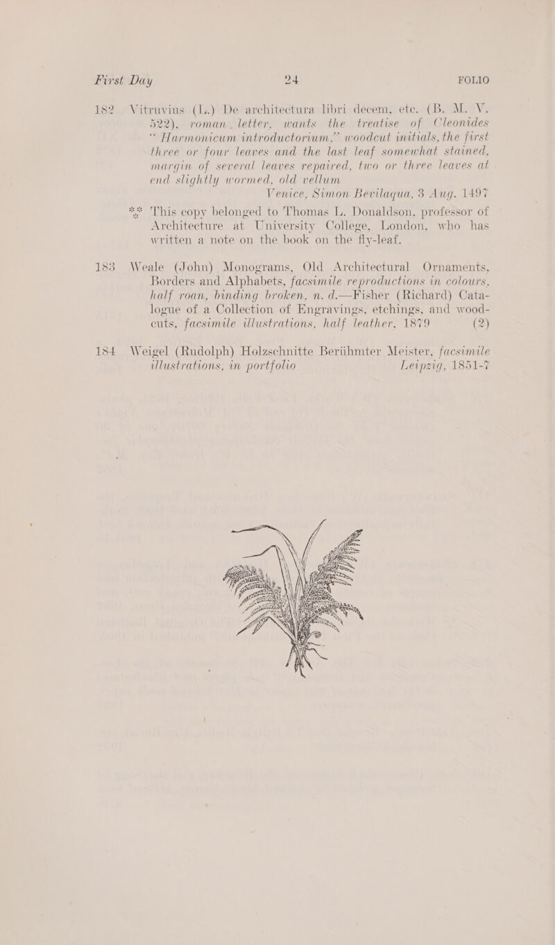 1382 154 Vitruvius (l.) De architectura libri decem, ete. (B. M. V. 522), roman. letter, wants the treatise of Cleonrdes “ Harmonicum introductorium,” woodcut initials, the first three or four leaves and the last leaf somewhat stained, margin of several leaves repaired, two or three leaves at end slightly wormed, old vellum Venice, Simon Bevilaqua, 3 Aug. 1497 *= This copy belonged to Thomas L. Donaldson, professor of Architecture at University College, London, who has written a note on the book on the fly-leaf. Weale (John) Monograms, Old Architectural Ornaments, Borders and Alphabets, facsimile reproductions in colours, half roan, binding broken, n. d—Fisher (Richard) Cata- logue of a Collection of Engravings, etchings, and wood- cuts, facsimile ulustrations, half leather, 1879 (2) Weigel (Rudolph) Helzschnitte Bertthmter Meister, facsimile ulustrations, in portfolio Leipzig, 1851-7 