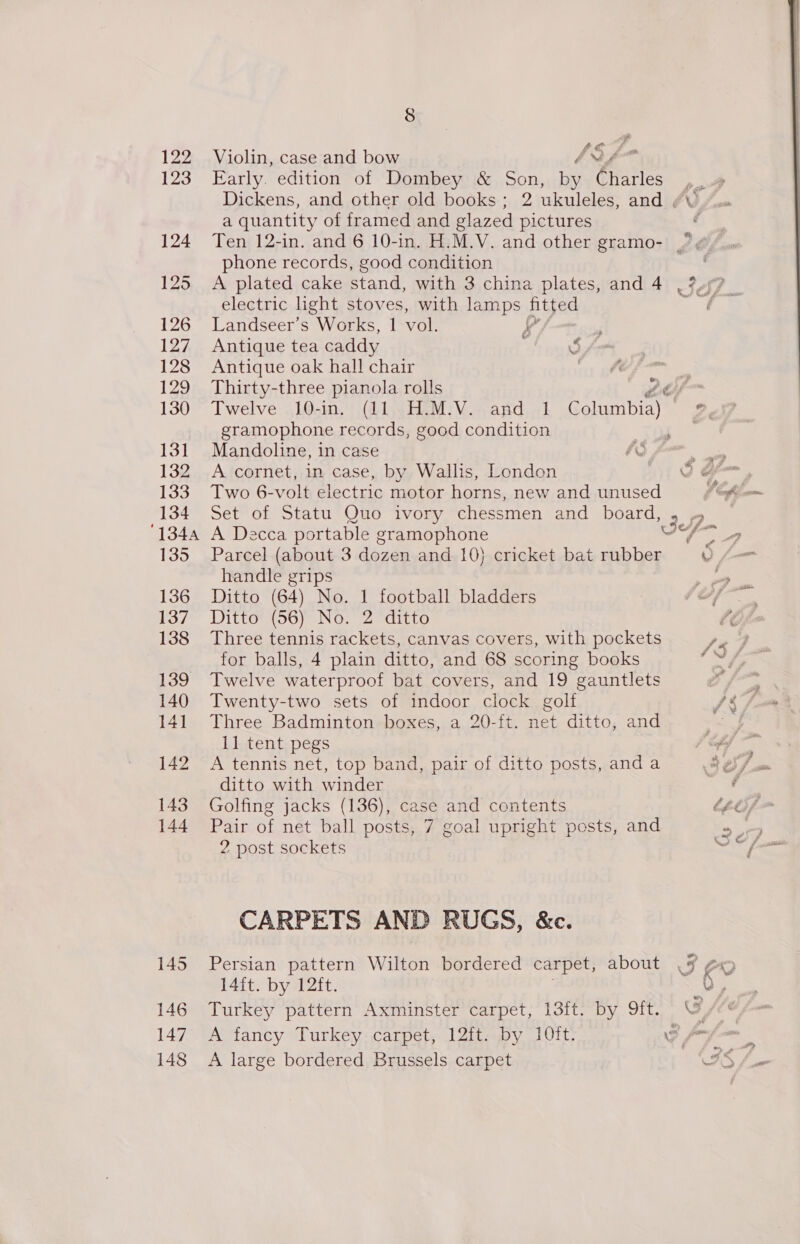 SS Fn 122 Violin, case and bow ff 123 Early. edition of Dombey &amp; Son, by Charles ,_» Dickens, and other old books; 2 ukuleles, and /v a quantity of framed and glazed pictures Os 124 Ten 12-in. and 6 10-in. H.M.V. and other gramo- phone records, good condition 125 A plated cake stand, with 3 china plates, and 4 , electric light stoves, with lamps fitted | 126 Landseer’s Works, 1 vol. i 127 Antique tea caddy a hed 128 Antique oak hall chair 129 Thirty-three pianola rolls eS) ie 130 Twelve 10-in. (11 H.M.V. and 1 Columbia) », gramophone records, good condition ..% Nag  131 Mandoline, in case ie 132 A cornet, in case, by Wallis, London Vv oo 133. Two 6-volt electric motor horns, new and unused = 134 Set of Statu Quo ivory ehessmen and board, 279 1344 -A Decca portable gramophone a ae, 135 Parcel (about 3 dozen and 10) cricket bat rubber 5 fm handle grips 136 Ditto (64). No. 1 football bladders fas 137 Ditto (56) No. 2 ditto ¢é 138 Three tennis rackets, canvas covers, with pockets fed for balls, 4 plain ditto, and 68 scoring books 139 Twelve waterproof bat covers, and 19 gauntlets SF ai 140 Twenty-two sets of indoor clock golf {6 fmt 141 Three Badminton boxes, a 20-ft. net ditto, and 3 1] tent pegs j bof 142 A tennis net, top band, pair of ditto posts, and a OS cm ditto with winder ee 143 Golfing jacks (136), case and contents bpisf~ 144 Pair of net ball ae 7 goal upright posts, and 29 2 post sockets ata fg CARPETS AND RUGS, &amp;c. 145 Persian pattern Wilton bordered carpet, about GF 14ft. by 12ft. 146 Turkey pattern Axminster carpet, 13ft. by 9it. G 147° A fancy Turkey. carpet, 12ft: by J0it: eo 148 A large bordered Brussels carpet AS Jaw