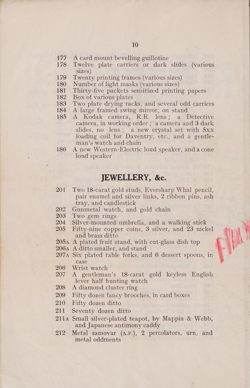 iy 178 79 180 181 182 183 184 186 201 202 203 204 2054 206A 207A 206 207 208 209 210 211 211A 212 10 A card mount bevelling guillotine Twelve plate carriers or dark slides (various s1zes) Twenty printing frames (various sizes) Number of light masks (various sizes) Thirty-five packets sensitized printing papers Box of various plates Two plate drying racks, and several odd carriers A large framed swing mirror, on stand camera, in working order ; a camera and 3 dark slides, no lens; a new crystal set with 5xx man’s watch and chain A new Western-Electric loud speaker, anda cone loud speaker JEWELLERY, &amp;c. Two 18-carat gold studs, Eversharp Whal pencil, pair enamel and silver links, 2 ribbon pins, ash tray, and candlestick Gunmetal watch, and gold chain Two gem rings and brass ditto A plated fruit stand, with cut-glass dish top A ditto smaller, and stand Six plated table forks, and 6 dessert spoons, in case Wrist watch A gentleman’s 18-carat gold keyless English lever half hunting watch A diamond cluster ring Fifty dozen fancy brooches, in card boxes Fifty dozen ditto Seventy dozen ditto Small silver-plated teapot, by Mappin &amp; Webb, and Japanese antimony caddy Metal samovar (A.F.), 2 percolators, urn, and metal oddments  