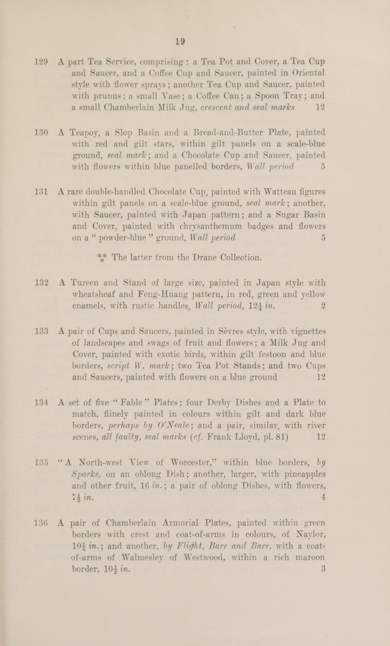 130 131 132 133 134 19 and Saucer, and a Coffee Cup and Saucer, painted in Oriental style with flower sprays; another Tea Cup and Saucer, painted with prunus; a small Vase; a Coffee Can; a Spoon Tray; and a small Chamberlain Milk Jug, crescent and seal marks 12 with red and gilt stars, within gilt panels on a scale-blue ground, seal mark; and a Chocolate Cup and Saucer, painted with flowers within blue panelled borders, Wall period 5 within gilt panels on a scale-blue ground, seal mark; another, with Saucer, painted with Japan pattern; and a Sugar Basin and Cover, painted with chrysanthemum badges and flowers on a “ powder-blue ” ground, Wall period 5 ** The latter from the Drane Collection. wheatsheaf and Feng-Huang pattern, in red, green and yellow enamels, with rustic handles, Wall period, 124 in. 2 of landscapes and swags of fruit and flowers; a Milk Jug and Cover, painted with exotic birds, within gilt festoon and blue borders, script W. mark; two Tea Pot Stands; and two Cups and Saucers, painted with flowers on a blue ground 12 match, fiinely painted in colours within gilt and dark blue borders, perhaps by O° Neale; and a pair, similar, with river scenes, all faulty, seal marks (cf. Frank Lloyd, pl. 81) 12 Sparks, on an oblong Dish; another, larger, with pineapples and other fruit, 16 in.; a pair of oblong Dishes, with flowers, 74 in. 4 borders with crest and coat-of-arms in colours, of Naylor, 104 %m.; and another, by Flight, Barr and Barr, with a coat- of-arms of Walmesley of Westwood, within a rich maroon border, 104 in. 3