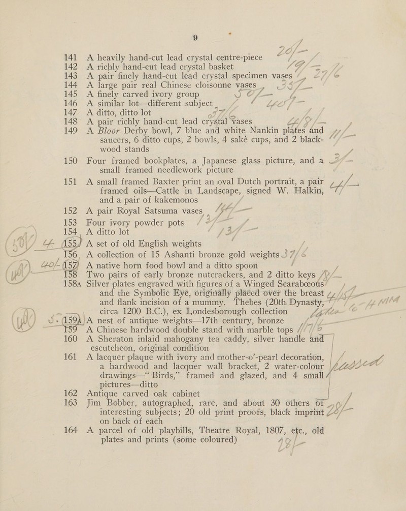 141 A heavily hand-cut lead crystal centre-piece oe 142 A richly hand-cut lead crystal basket 4O/ - 143 A pair finely hand-cut lead crystal specimen vases © /, 144 A large pair real Chinese cloisonne vases, 9J —_ 145 A finely carved ivory group ese. £ 146 A similar lot—different fe a Silay 23 147 A ditto, ditto lot 7 / 148° A pair richly hand-cut lead BAAN. Vases §% 149 A Bloor Derby bowl, 7 blue and white Nankin hes Laas wood Bande small framed needlework picture framed oils—Cattle in Landscape, signed W. Halkin, and a pair of kakemonos =) 152 A pair Royal Satsuma vases “¥*” 153. Four ivory powder pots / #/-—~ 154, A ditto lot 156, A collection of 15 Ashanti bronze gold weights 3 7/ 6 158a Silver plates engraved with figures of a Winged Scarabceotis ’ and flank incision of a mummy. ‘Thebes (20th Dynasty, / 50h A nest of antique weights—1l7th century, bronze ,/_, / A Chinese hardwood double stand with marble tops /// // ? 160 A Sheraton inlaid mahogany tea caddy, silver handle and— escutcheon, original condition 161 A lacquer plaque with ivory and mother-o’-pearl decoration, i, t f / drawings—‘ Birds,” framed and glazed, and 4 small/ pictures—ditto 162 Antique carved oak cabinet Tp 163 Jim Bobber, autographed, rare, and about 30 others o interesting subjects; 20 old print proofs, black imprint on back of each 164 A parcel of old playbills, Theatre Royal, Se On. old plates and prints (some coloured)