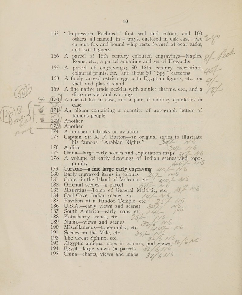  curious fox and hound whip rests formed of boar tusks, and two daggers Rome, etc.; a parcel aquatints and set of Hogarths coloured prints, etc.; and about 60 “ Spy ” cartoons shell and plated stand ; ditto necklet and earrings } A cocked hat in case, and a pair of military epaulettes in case Bes An album containing a quantity of autograph letters of Tr famous people Z2/ Another 173/) Another A number of books on aviation Captain Sir R. F. Burton—an original series, to illustrate his famous “ Arabian Nights ” St. &lt; YO 176 A ditto 30 177 China—large early scenes and. exploration mee de Ftd % Z  graphy ben &amp; 4 \/ 179 Curacao—a fine large early engraving 2x» we S 180 Early engraved items incolours 27'S 181 Crater m the Island of Volcano, ete. ? “ae bw LAS 182 Oriental scenes—a parcel joy 4 c a: 183 Mauritius—Tomb of General Malartic, etc. S) ile 184 Carl Cave, Indian scenes, etc. ie vA . 185 Pavilion of a Hindoo T emple, etc. Es vi Caf 4... Agr 186 [ae Se ee rhy views and scenes 187 South America—early maps, ste, 188 Kotacherry scenes, etc. 25 Vs 189 Nubia—views and scenes | / 90 fe WO 7 190 Miscellaneous—topography, etc. Ss Ret en. | ACS 191 Scenes on the Mile, etc. Cp ae \S 192 The Great Sphinx, ete, eG) 193 Atgyptis antiqua maps in colours, and views 194: Kgypt—large views. (a parcel) W2/6 4 195 China—charts, views and maps Mew JA 6