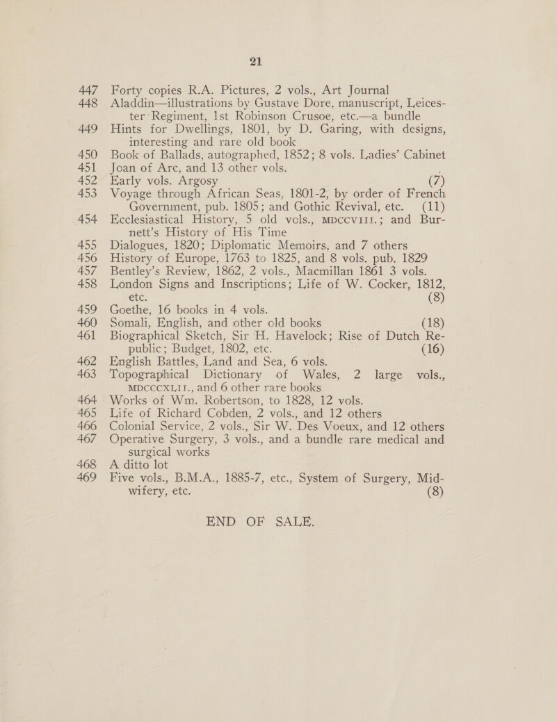 Forty copies R.A. Pictures, 2 vols., Art Journal Aladdin—illustrations by Gustave Dore, manuscript, Leices- ter’ Regiment, lst Robinson Crusoe, etc-——a bundle Hints for Dwellings, 1801, by D. Garing, with designs, interesting and rare old book Book of Ballads, autographed, 1852; 8 vols. Ladies’ Cabinet Joan of Arc, and 13 other vols. Farly vols. Argosy (7) Voyage through African Seas, 1801-2, by order of French Government, pub. 1805; and Gothic Revival, etc. (11) Ecclesiastical History, 5 old vols., mpccvitr.; and Bur- nett’s History of His Time Dialogues, 1820; Diplomatic Memoirs, and 7 others History of Europe, 1763 to 1825, and 8 vols. pub. 1829 Bentley’s Review, 1862, 2 vols., Macmillan 1861 3 vols. London Signs and Inscriptions; Life of W. Cocker, 1812, ete: (8) Goethe, 16 books in 4 vols. Somali, English, and other old books (18) Biographical Sketch, Sir 'H. Havelock; Rise of Dutch Re- public; Budget, 1802, etc. (16) English Battles, Land and Sea, 6 vols. Topographical Dictionary of Wales, 2 large vols., MDCCCXLII., and 6 other rare books Works of Wm. Robertson, to 1828, 12 vols. Life of Richard Cobden, 2 vols., and 12 others Colonial Service, 2 vols., Sir W. Des Voeux, and 12 others Operative Surgery, 3 vols., and a bundle rare medical and surgical works A ditto lot Five vols., B.M.A., 1885-7, etc., System of Surgery, Mid- wifery, etc. (8) END OF SALE: