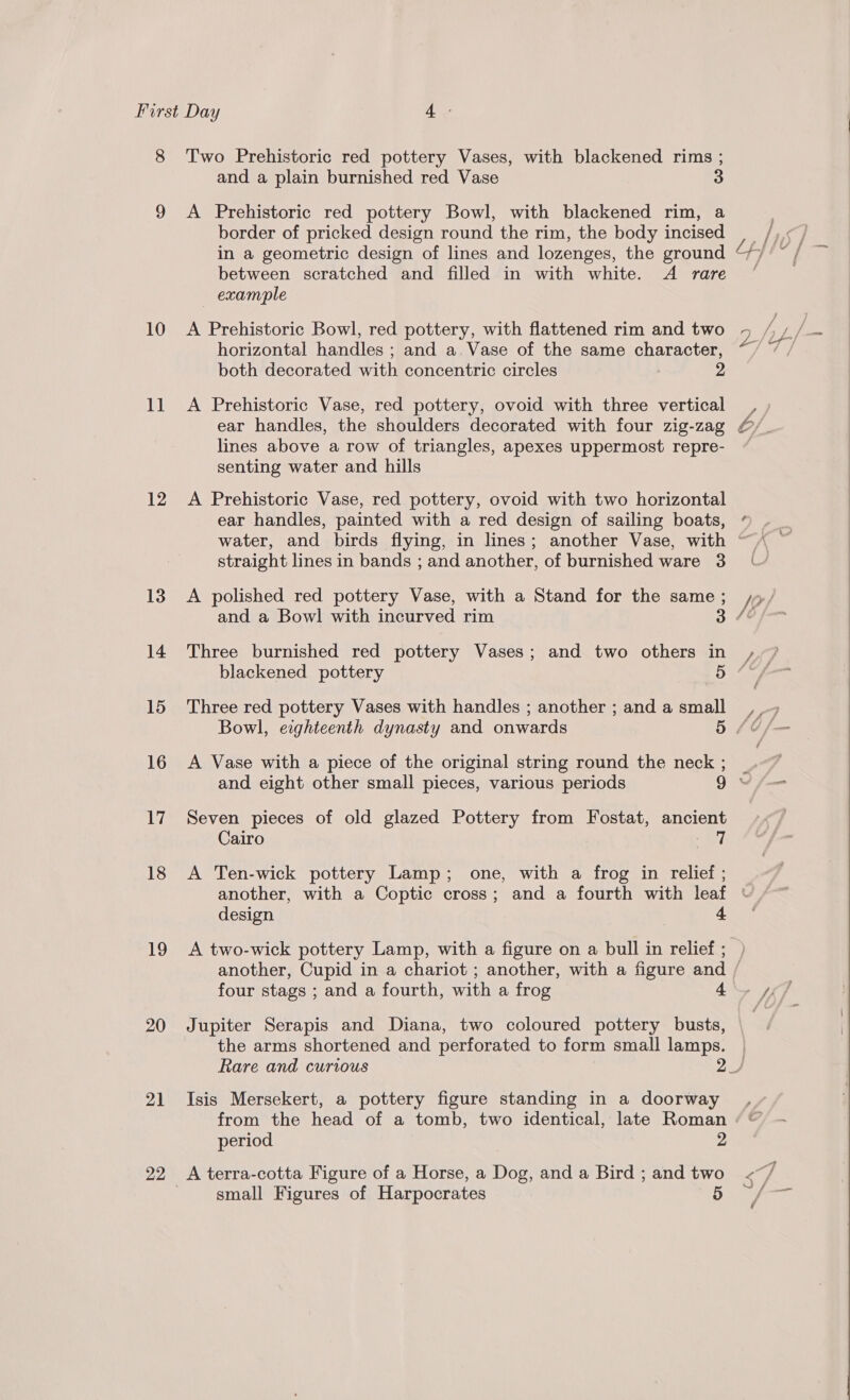 8 10 jis 12 13 14 15 16 17 18 19 20 21 22 Two Prehistoric red pottery Vases, with blackened rims ; and a plain burnished red Vase 3 A Prehistoric red pottery Bowl, with blackened rim, a border of pricked design round the rim, the body incised in a geometric design of lines and lozenges, the ground between scratched and filled in with white. A rare example A Prehistoric Bowl, red pottery, with flattened rim and two horizontal handles ; and a. Vase of the same character, both decorated itll concentric circles 2 A Prehistoric Vase, red pottery, ovoid with three vertical ear handles, the shoulders decorated with four zig-zag lines above a row of triangles, apexes uppermost repre- senting water and hills A Prehistoric Vase, red pottery, ovoid with two horizontal ear handles, painted with a red design of sailing boats, straight lines in bands ; and another, of burnished ware 3 A polished red pottery Vase, with a Stand for the same ; and a Bowl with incurved rim 3 Three burnished red pottery Vases; and two others in blackened pottery 5 Three red pottery Vases with handles ; another ; and a small A Vase with a piece of the original string round the neck ; Seven pieces of old glazed Pottery from Fostat, ancient Cairo oi] A Ten-wick pottery Lamp; one, with a frog in relief ; design 4 A two-wick pottery Lamp, with a figure on a bull in relief ; Jupiter Serapis and Diana, two coloured pottery busts, the arms shortened and perforated to form small lamps. Isis Mersekert, a pottery figure standing in a doorway period 2 small Figures of Harpocrates 5 } 