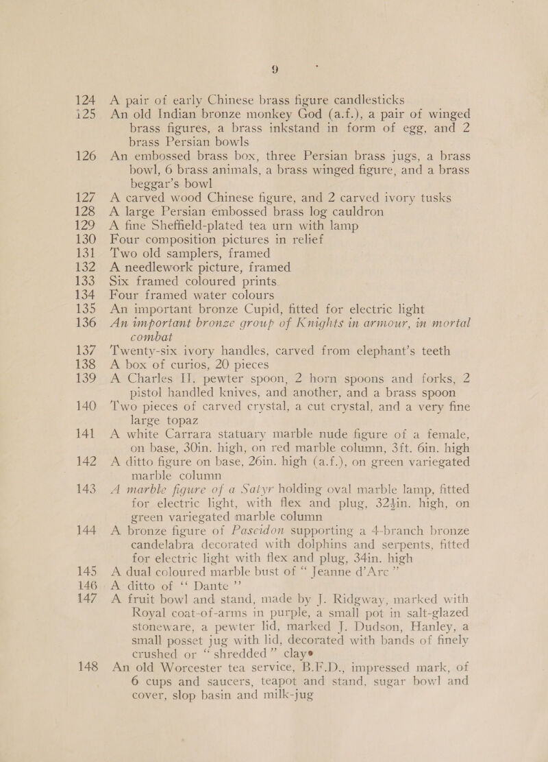 124 125 126 127 EZS no 130 131 132 133 134 135 136 137 138 139 140 141 142 143 144 145 146 147 148 9 A pair of early Chinese brass figure candlesticks An old Indian bronze monkey God (a.f.), a pair of winged brass figures, a brass inkstand in form of egg, and 2 brass Persian bowls An embossed brass box, three Persian brass jugs, a brass bowl, 6 brass animals, a brass winged figure, and a brass beggar’s bowl A carved wood Chinese figure, and 2 carved ivory tusks A large Persian embossed brass log cauldron A fine Sheffield-plated tea urn with lamp Four composition pictures in relief Two old samplers, framed A needlework picture, framed Six framed coloured prints Four framed water colours An important bronze Cupid, fitted for electric light An wmportant bronze group of Knights in armour, in mortal combat Twenty-six ivory handles, carved from elephant’s teeth A. box of curios, 20 pieces A Charles II. pewter spoon, 2 horn spoons and forks, 2 pistol handled knives, and another, and a brass spoon ‘Two pieces of carved crystal, a cut crystal, and a very fine large topaz A white Carrara statuary marble nude figure of a female, on base, 30in. high, on red marble column, 3ft. 6in. high A ditto figure on base, 26in. high (a.f.), on green variegated marble column A marble figure of a Satyr holding oval marble lamp, fitted for electric light, with flex and plug, 324in. high, on green variegated marble column A bronze figure of Paseidon supporting a 4-branch bronze candelabra decorated with dolphins and serpents, fitted for electric light with flex and plug, 34in. high A dual coloured marble bust of “ Jeanne d’Arc ” A dittcror.* Dante’ A fruit bowl and stand, made by J. Ridgway, marked with Royal coat-of-arms in purple, a small pot in salt-glazed stoneware, a pewter lid, marked J. reese Hanley, a small posset jug with lid, decorated with bands of finely crushed or “ shredded” claye An old Worcester tea service, B.F.D., impressed mark, of 6 cups and saucers, teapot and stand, sugar bowl and cover, slop basin and milk-jug