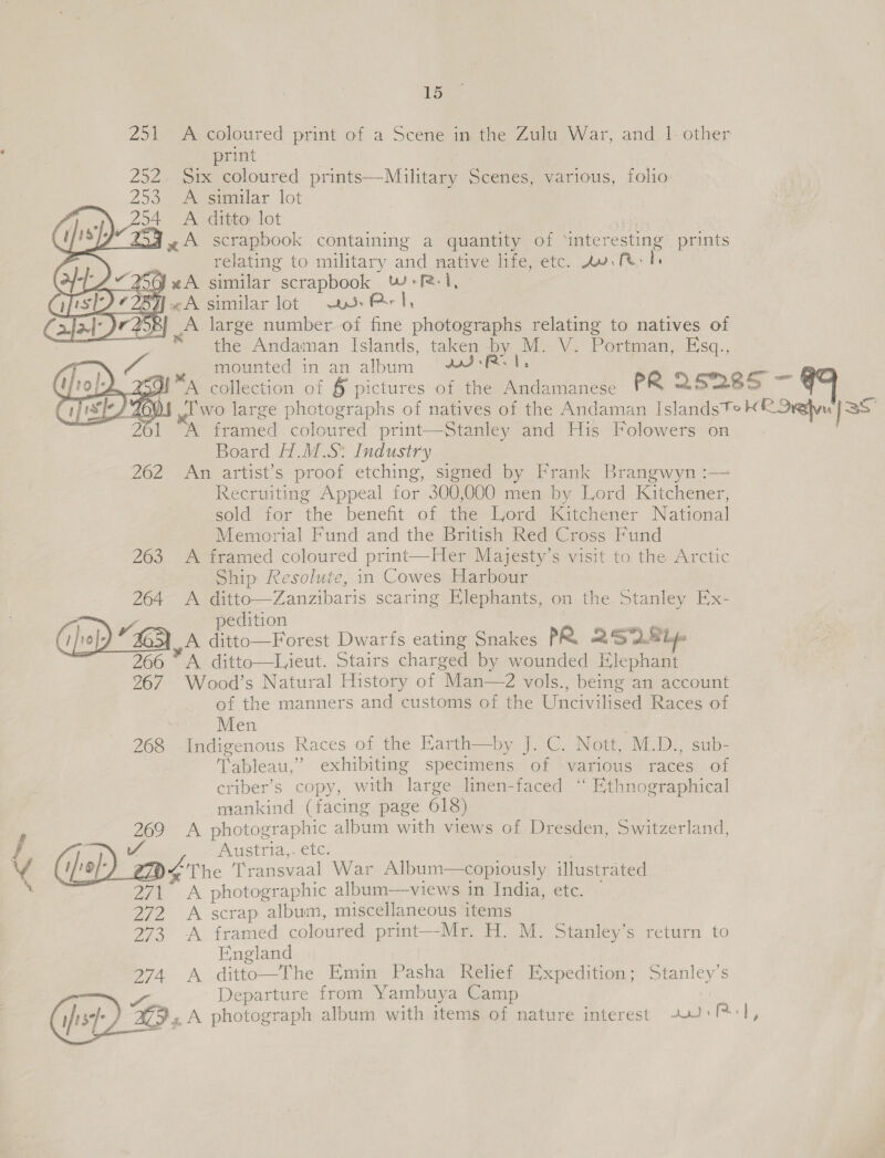 2 Oia: oak boloured print of a Scene in the Zulu War, and |: other print | | 252. Six coloured prints—Military Scenes, various, folio: 255. esmmilar lot “4 .\_ 204 A ditto lot i ( J” Zod A scrapbook containing a quantity of ‘interesting prints 4 relating to military and native life, etc. Aw fet CH “259 xA similar scrapbook W-F.1, isl) ¢ 25%} «A similar lot sts A I, aja’) r258] A large number of fine photographs relating to natives of cont ‘a x ~* the Andaman Islands, taken pie V. Portman, Esq., ‘- mounted in an album es (10). Lane) *A collection of § pictures of the Andamanese PR 25285 — she 4 14005 Cwo large photographs of natives of the Andaman IslandsTe K R elu | A framed coloured print—Stanley and His Folowers on Board H.M.S: Industry 262 An artist’s proof etching, signed by Frank Brangwyn :— Recruiting Appeal for 300,000 men by Lord Kitchener, sold for the benefit of the Lord Kitchener National Memorial Fund and the British Red Cross Fund 263 A framed coloured print—Her Majesty’s visit to the Arctic Ship Resolute, in Cowes Harbour 264 A ditto—Zanzibaris scaring Elephants, on the Stanley Ex- Pe pedition ae A ditto—Forest Dwarfs eating Snakes PR 2 SDE pe 266 * A ditto—L,ieut. Stairs charged by wounded Elephant 267 Wood’s Natural History of Man—2 vols., being an account of the manners and customs of the Uncivilised Races of | Men 268 . Indigenous Races of the Karth—by J. C. Nott, M.D., sub- Tableau,” exhibiting specimens of various races of criber’s copy, with large linen-faced ‘“ Ethnographical mankind (facing page 618) 269 A photographic album with views of Dresden, Switzerland, va Austria,. etc. . / 19) : 4 The ‘Transvaal War Album—copiously illustrated 271° A photographic album-—views in India, etc. — 272 +A scrap album, miscellaneous items 273 A framed coloured print—Mr. H. M. Stanley’s return to England 274 AW ditto—lThe Emin Pasha’ Reel Expedition; Stanley's a Departure from Yambuya Camp ; } is ICD A photograph album with items of nature interest 2:1,         3s