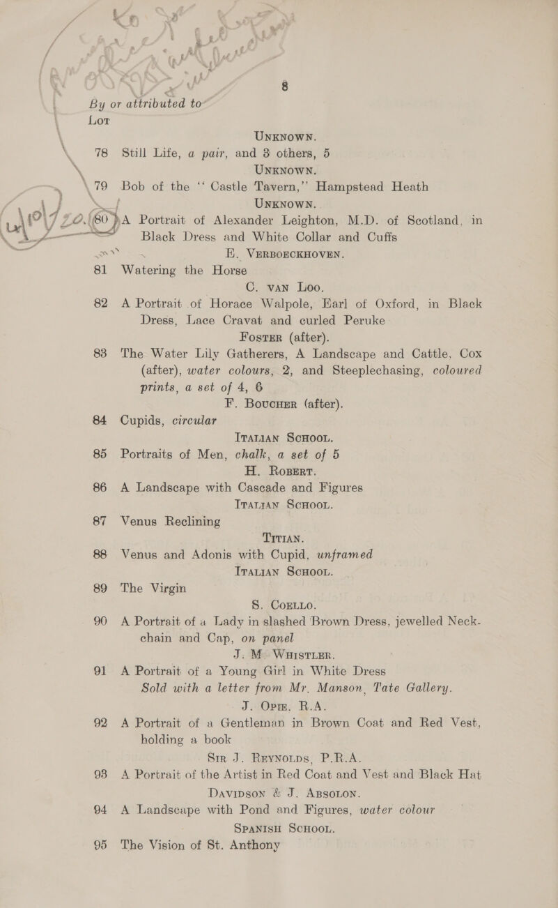 Agere f wes UNKNOWN. UNKNOWN. | at f UNKNOWN. A Portrait of Alexander Leighton, M.D. of Scotland, in Black Dress and White Collar and Cuffs i}. VERBOECKHOVEN. C. van Loo. 83 84 85 86 87 88 89 90 91 92 93 94 95 Dress, Lace Cravat and curled Peruke Foster (after). The Water Lily Gatherers, A Landscape and Cattle, Cox (after), water colours, 2, and Steeplechasing, coloured prints, a set of 4, 6 F. Boucuer (after). Cupids, circular ITALIAN SCHOOL. Portraits of Men, chalk, a set of 5 H. Roser. A Landscape with Cascade and Figures Trautan ScHOOL. Venus Reclining TITIAN. Venus and Adonis with Cupid, unframed TvaLIAN ScHOOL. The Virgin S. CoELLo. A Portrait of a Lady in slashed Brown Dress, jewelled Neck- chain and Cap, on panel J: M. WuistLen. | A Portrait of a Young Girl in White Dress Sold with a letter from Mr, Manson, Tate Gallery. J: Opm,: R.A. A Portrait of a Gentleman in Brown Coat and Red Vest, holding a book Sir J. Reynotps, P.R.A. A Portrait of the Artist in Red Coat and Vest and Black Hat Davipson &amp; J. ABSoLoN. A Landscape with Pond and Figures, water colour SPANISH SCHOOL. The Vision of St. Anthony