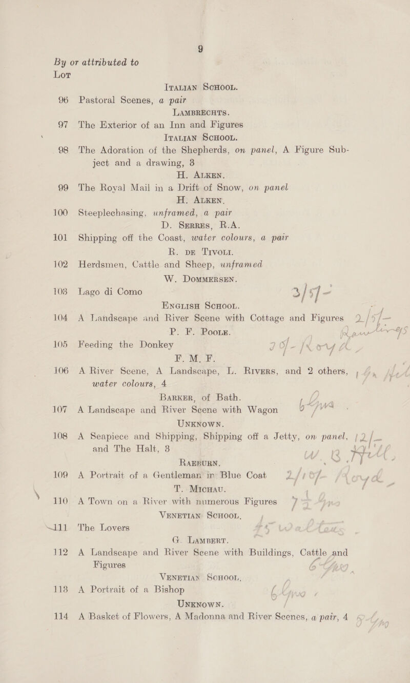 96 97 98 99 100 101 102 108 104 105 106 107 108 118 114 ITALIAN SCHOOL. Pastoral Scenes, a pair LAMBRECHTS. The Exterior of an Inn and Figures ITALIAN SCHOOL. ject and a drawing, 3 H. ALKEN. The Royal Mail in a Drift of Snow, on panel H. ALKEN, Steeplechasing, unframed, a pair D. Serres, R.A. Shipping off the Coast, water colours, a pair R. pe Trvott. Herdsmen, Cattle and Sheep, unframed W. DomMMERSEN. Lago di Como 3/ 7 - Eneuisa ScHoo.. 7 A Landscape and River Scene with Cottage and Figures Feeding the Donkey ”, of ~[Xoue F. M. F. Ente A River Scene, A Landscape, L. Rivers, and 2 others, water colours, 4 Barker, of Bath. A tadec? and River Sacre with Wagon UNKNOWN. A Seapiece and Shipping, Shipping off a Jetty, on ae and The Halt, 3 RAERURN. 3 . A Portrait of a Gentleman ir Blue Coat Lf 1 &amp;7. T. Micnav. A Town on a River with numerous Figures VENETIAN SCHOOL, The Lovers _ Lampert. A Landscape and ae Scene with Buildings, aie and Figures ; VENETIAN SCHOOL, A Portrait of a Bishop / (o-~ a UNKNOWN. A Basket of Flowers, A Madonna and River Sednes a pair, 4