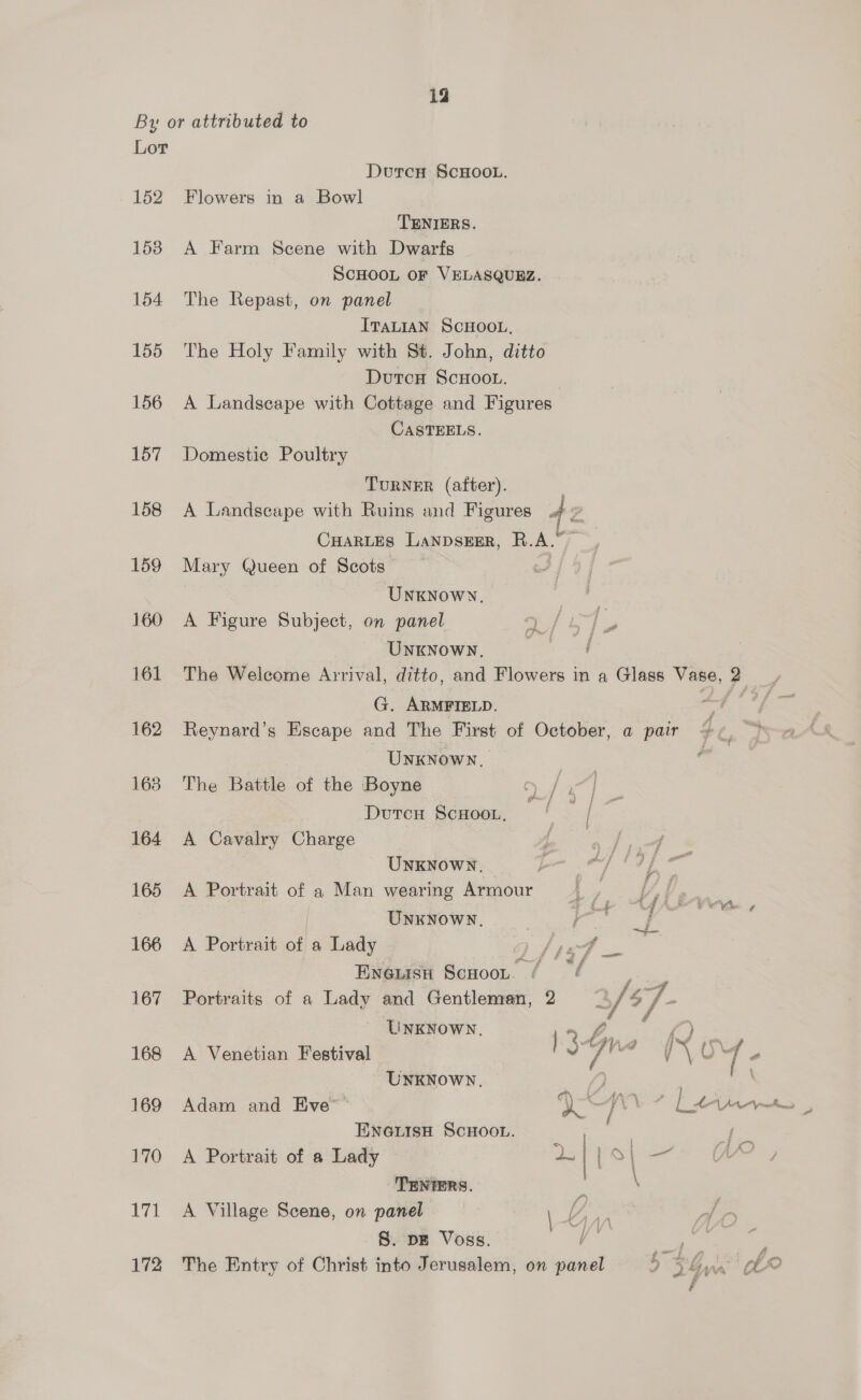 Lor 152 1538 154 155 171 172 Durcn SCHOOL. Flowers in a Bowl TENIERS. A Farm Scene with Dwarfs SCHOOL OF VELASQUEZ. The Repast, on panel ITALIAN SCHOOL, The Holy Family with St. John, ditto Dutcn ScHoou. A Landscape with Cottage and Figures CASTEELS. Domestic Poultry TurNER (after). A Landscape with Ruins and Figures CHARLES Lanpsrsr, R.A.” Mary Queen of Scots | UNKNowN. A Figure Subject, on panel i} i} 4 UNKNOWN, bo G. ARMFIELD. a f UNKNOWN, | The Battle of the Boyne ; / | Duren Scooot, ' | A Cavalry Charge ae UNKNOWN. A Portrait of a Man wearing Armour | UNKNOWN. | ; A Portrait of a Lady wir. 4 Eneuisn Scuoor. 6 4 UNKNOWN. A Venetian Festival UNKNOWN, / Adam and Eve’ - a A ENGLISH SCHOOL. TENTERS. . \ A Village Scene, on panel ADE S. pE Voss. /