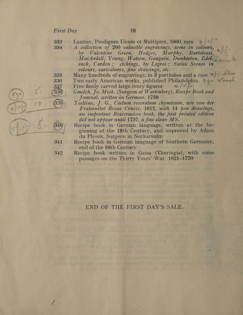 333 334 Lautier, Prodigum Unum et Multiplex, 1660, rare &amp; * A collection of 200 valuable engravings, some in colours, IE ’ by Valentine Green, Hodges, Murphy, Bartolozzt, | MacArdell, Young, Watson, Gaugain, Dunkerton, Edel-} inck, Carden; etchings, by Legros ; Swiss Scenes in — colours, caricatures, fine drawings, etc. Many hundreds of engravings, in 3 portfolios and a case 7 J-[- Ahews Two early American works, published Philadelphia §% a W d-oek Five finely carved large ivory figures Age | 5” fa Gmelch, Jo. Mich. (Surgeon at Wartenberg), Recipe Book and Journal, written in German, 1758 Toeltius, J. G., Coelum reseratum chymicum, wie von der Fraternitat Rosae Crucis, 1612, with 14 pen drawings, an important Rosicrucian book, the first printed edition did not appear until 1737, a fine clean MS. Recipe book in German language, written at the be- ginning of the 18th Century, and improved by Adam du Plessis, Surgeon in Neckarsulm Recipe book in German language of Southern Germany, end of the 16th Century Recipe book written in Geisa (Thuringia), with some passages on the Thirty Years’ War, 1621-1770 Pye) TONAL, END OF THE FIRST DAY’S SALE.