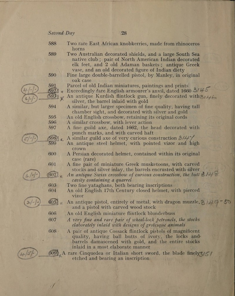 588 589 Two rare East African knobkerries, made from rhinoceros horns Two Australian decorated shields, and a large South Sea native club; pair of North American Indian decorated elk feet, and 2 old Adaman baskets; antique Greek vase, and an old decorated figure of Indian diety Fine large double-barrelled pistol, by Manley, in original oak case Parcel of old Indian miniatures, paintings and prints silver, the barrel inlaid with gold A similar, but larger specimen of fine quality, having tall chamber sight, and decorated with silver and gold An old English crossbow, retaining its original cords A similar crossbow, with lever action A fine guild axe, dated 1662, the head decorated with punch marks, and with carved haft An antique steel helmet, with pointed vizor and high crown A Persian decorated helmet, contained within its original case (rare) A fine pair of miniature Greek musketoons, with carved stocks and silver inlay, the barrels encrusted with silver cavity containing a quarrel Two fine yataghans, both bearing inscriptions An old English 17th Century closed helmet, with pierced vizor and a pistol with carved wood stock An old English miniature flintlock blunderbuss A very fine and rare pair of wheel-lock petronels, the stocks elaborately inlaid with designs of grotesque animals A pair of antique Cossack flintlock pistols of magnificent quality, having ball butts of ivory, the locks and barrels damascened with gold, and the entire stocks inlaid in a most elaborate manner etched and bearing an inscription   