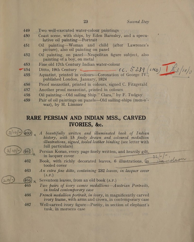 449 Two well-executed water-colour paintings 450 Coast scene, with ships, by Eden Barnsley, and a specu- , lative oil painting—Portrait 45] Oil painting—Woman and child (after Lawrence’s picture), also oil painting on panel | 452 Ojil painting, on panel—Neapolitan figure subject, also painting of a boy, on metal 453 Fine old 17th Century Indian water-colour j a; e454 Dire Torn Centiry : ©. esenpiioucmnmnmn CC: S239 /¢X6) j ye, 455 Aquatint, printed in colours—Coronation of George IV. ~ sass | published London, January, 1824 456 Proof mezzotint, printed in colours, signed C. Fitzgerald 457 Another proof mezzotint, printed in colours 458 Oil painting—Old sailing Ship “ Clara,” by F. Tudgay 459 Pair of oil paintings on panels—Old sailing-ships (men-o’- war), by H. Limmer RARE PERSIAN AND INDIAN MSS., CARVED IVORIES, &amp;c. 460) ~ A beautifully written and illuminated book of Indian Iustory, with 15 finely drawn and coloured medallion ulustrations, signed, tooled leather binding (see letter with   yor full particulars) &gt;)! Persian Koran, every page finely written, and heavily gilt, in lacquer cover — Seer Meh shale. , , Book, with richly decorated leaves, 6 illustrations, in) a ofeor tooled cover i coat s Si 463 An oe fine ditto, containing 232 leaves, in lacquer cover (A-F. &gt; Seventeen leaves, from an old book (4.F.) Two pairs of tory cameo medallions—Austrian Portraits, .o in tooled contemporary case 466 French medallion portrait, in tvory, in magnificently carved ivory frame, with arms and crown, in contemporary case 467 . Well-carved ivory figure—Purity, in section of elephant’s tusk, In morocco case | 