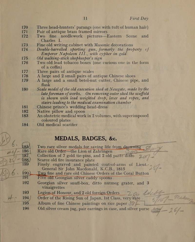   11 First Day Three head-hunters’ parangs (one with tuft of human hair) Pair of antique brass framed mirrors Two fine needlework pictures—Eastern Scene and Charles [. Fine old writing cabinet with Masonic decorations Double-barrelled sporting gun, formerly the property cf Emperor Napoleon III., with cypher in gold Old walking-stick shopkeeper’s sign Two old lead tobacco boxes (one curious one in the form of a coffin) . Three pairs of antique scales A large and 2 small pairs of antique Chinese shoes A large and a small betel-nut cutter, Chinese pipe, and flask Scale model of the old execution shed at Newgate, made by the late foreman of works. On removing outer shed the scaffold is shown with lead weighted drop, lever and ropes, and stairs leading to the medical examination chamber Chinese prince’s wedding head-dress Native pillow and spoon An obstetric medical work in 2 volumes, with superimposed coloured plates Old medical scarifier MEDALS, BADGES, &amp;c. Two rare silver medals for saving life from. drowning’ ¢ 4 Rare old Order—the Libmet Zahringen ~ Sn Collection of 7 gold tie-pins, and 2 old pasté tts io Scarce old fire insurance plate Finely engraved and painted coat-of-arms of Lieut. General Sir John Macdonald, K.C.B., 1815 fine and rare old Chinese Orders of the Coral Button Ive O eorgian silver Caddy spoons ~~ Georgian silver snuff-box, ditto nutmeg grater, and 3 vinaigrettes is a aa and 2 old foreign Orders if Order of the Rising | Sun of Japan, Ist Class, very rare wo -