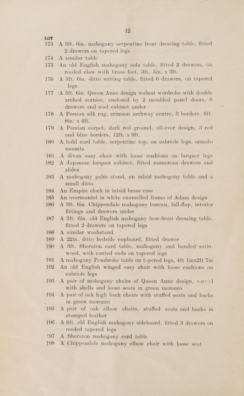 A 3ft. 6in. mahogany serpentine front dressing table, fitted 2 drawers on tapered legs A similar table An old English mahogany sofa table, fitted 2 drawers, on reeded claw with brass feet, 3it. din. x dft. A 38ft. 6in. ditto writing table, fitted 6 drawers, on tapered legs arched cornice, enclosed by 2 moulded panel doors, 6 drawers and coal cabinet under A Persian silk rug, crimson archway centre, 3 borders, 6it. Bin. x 4ft. | A Persian carpet, dark red ground, all-over design, 3 red and blue borders, 12ft. x 9ft. A buhl ecard table, serpentine top, on cabriole legs, ormolu mounts A divan easy chair with loose cushions on lacquer legs A Japanese lacquer cabinet, fitted numerous drawers and slides | A mahogany palm stand, an inlaid mahogany table and a small ditto An Empire clock in inlaid brass case An overmantel in white enamelled frame of Adam design A 83ft. 6in. Chippendale mahogany bureau, fall-flap, interior fittings and drawers under A 8ft. 6in. old English mahogany bow-front dressing table, fitted 2 drawers on tapered legs A similar washstand A 22in. ditto bedside cupboard, fitted drawer A 38ft. Sheraton card table, mahogany and banded satin- wood, with canted ends on tapered legs A mahogany Pembroke table on tapered legs, 4ft linx2ft 7in An old English winged easy chair with loose cushions on cabriole legs A pair of mahogany chairs of Queen Anne design, cary] with shells and loose seats in green morocco A pair of oak high back chairs with stuffed seats and backs in green morocco A pair of oak elbow chairs, stuffed seats and backs in stamped leather A 6ft. old English mahogany sideboard, fitted 8 drawers on reeded tapered legs A Sheraton mahogany card table A Chippendale mahogany elbow chair with loose seat
